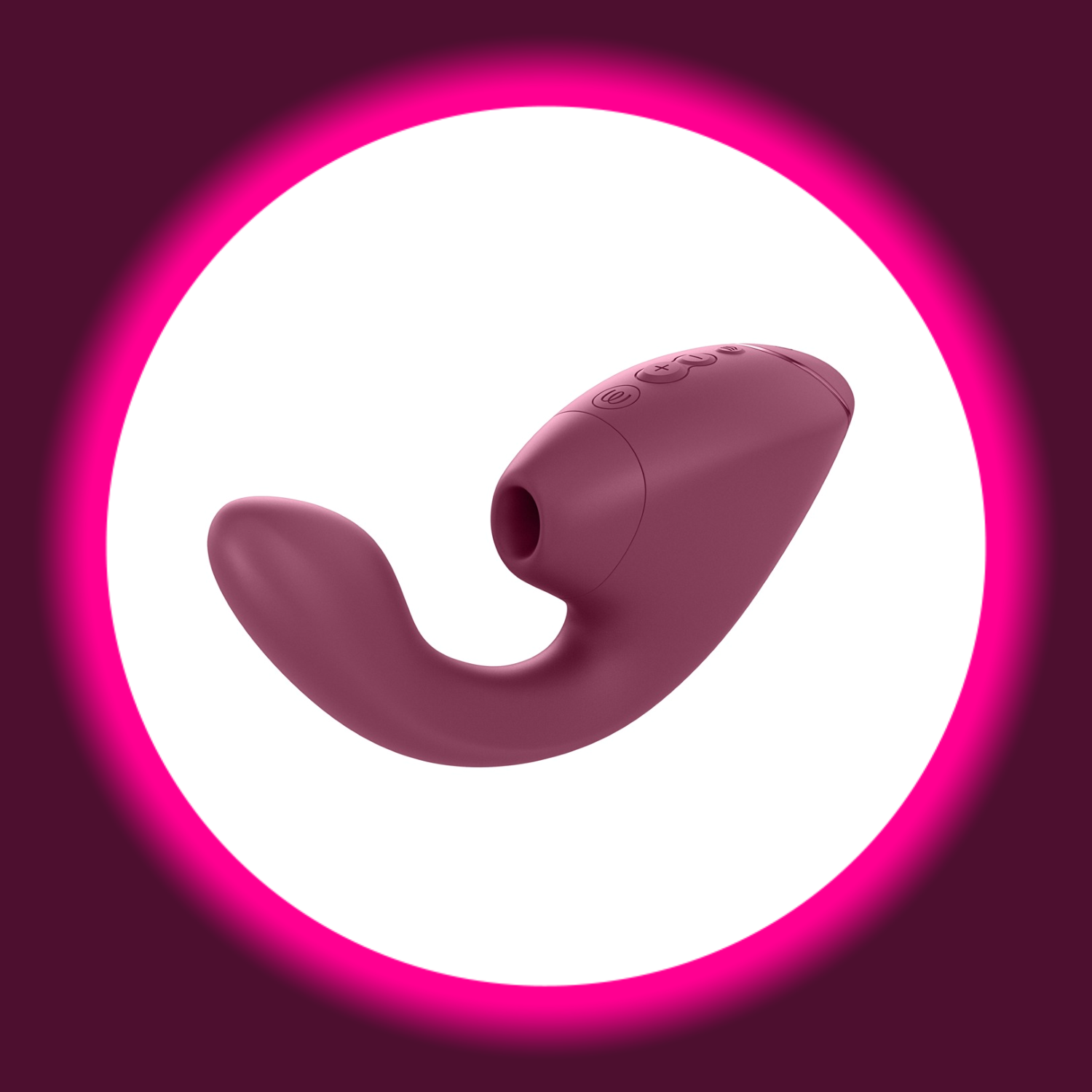 dunkelrosa farbener Pulsator Womanizer Next Duo mit Stimulationskopf und Vibrationsarm