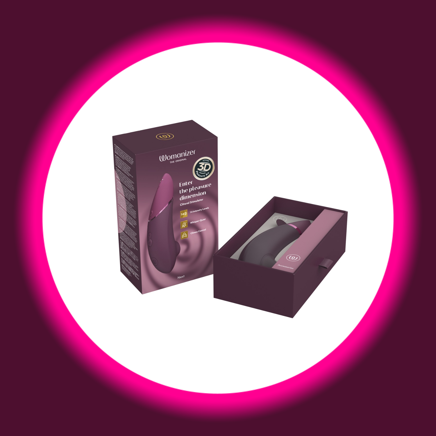 geöffnete Verkaufsverpackung des Womanizer Next Pulsator in der Farbe lila auf weißem Untergrund