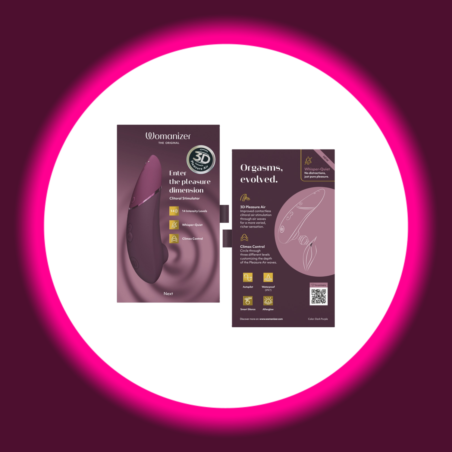 Vorder- und Rückseite der Verkaufsverpackung des Womanizer Next in lila