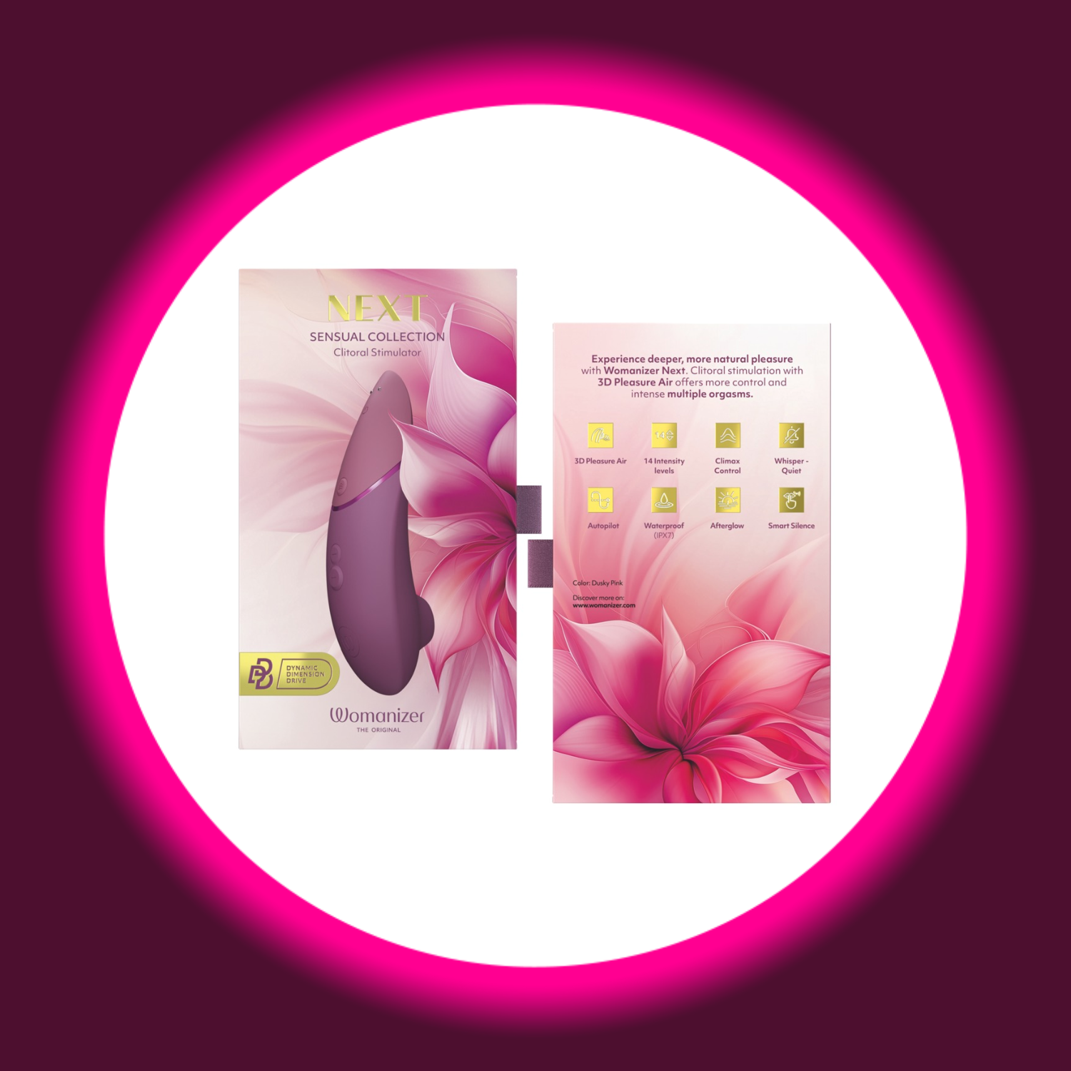 Womanizer NEXT Sensual Collection – Verpackung Vorder- und Rückseite mit Features: 3D Pleasure Air, 14 Intensitätsstufen, Climax Control, Autopilot, Afterglow und Smart Silence