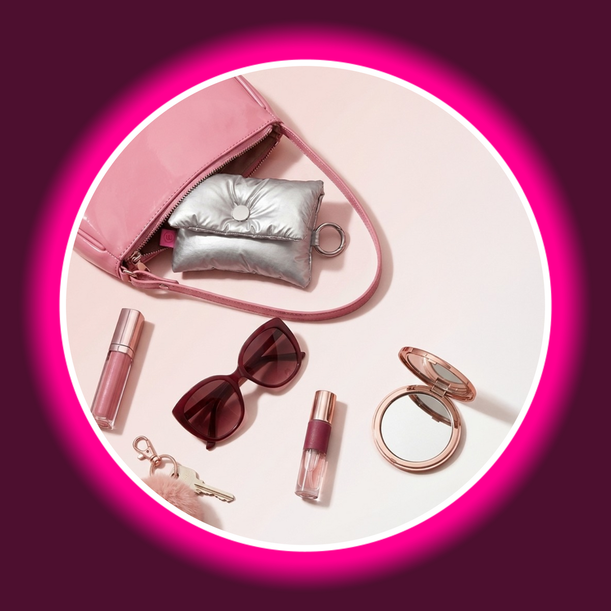 Womanizer Snap Accessory Pouch in Silber in geöffneter pinker Tasche – Flatlay mit Alltags-Accessoires wie Lippenstift, Sonnenbrille, Kompaktspiegel und Schlüssel, diskreter Begleiter für unterwegs