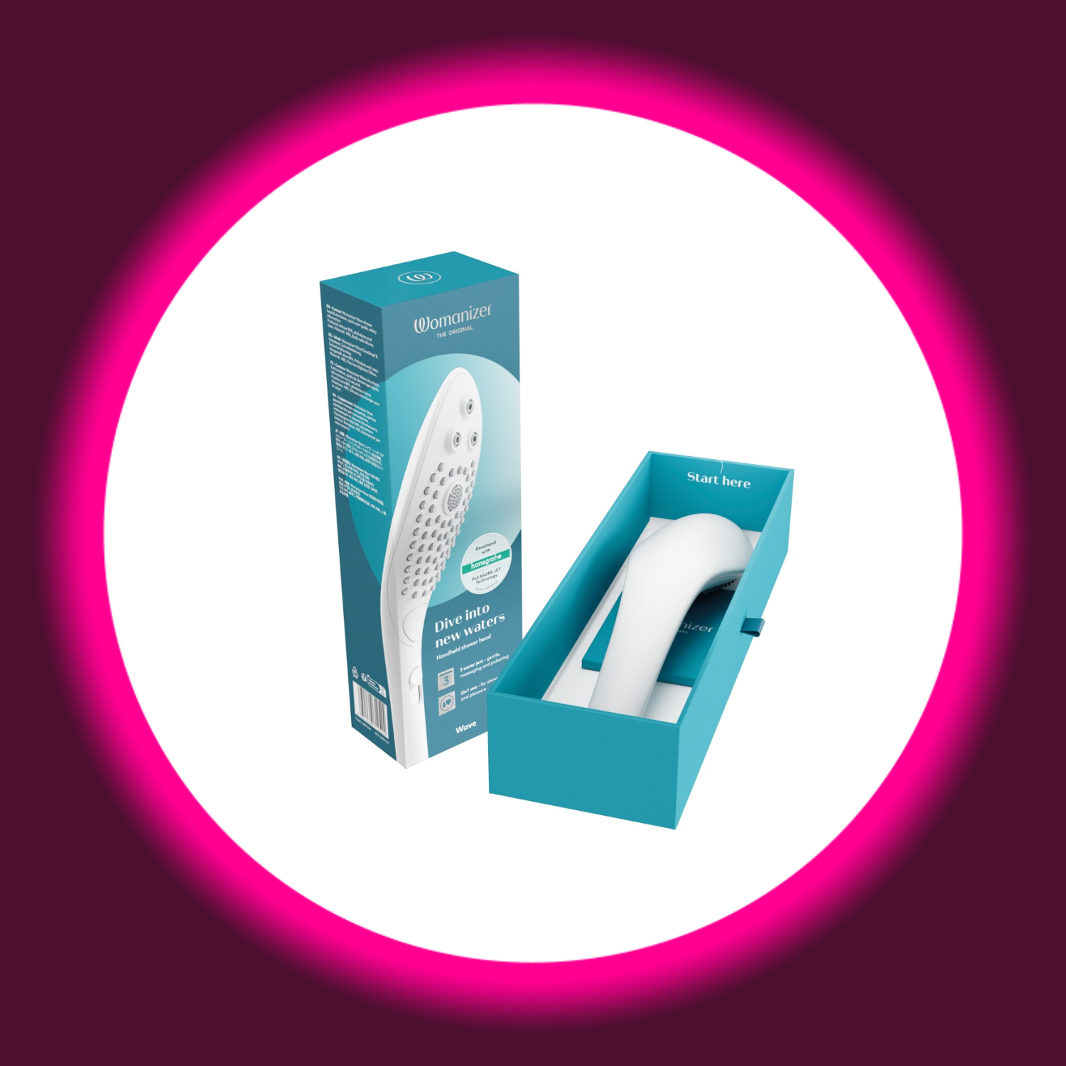 blaue, offene Produktverpackung des Duschkopfs Womanizer Wave
