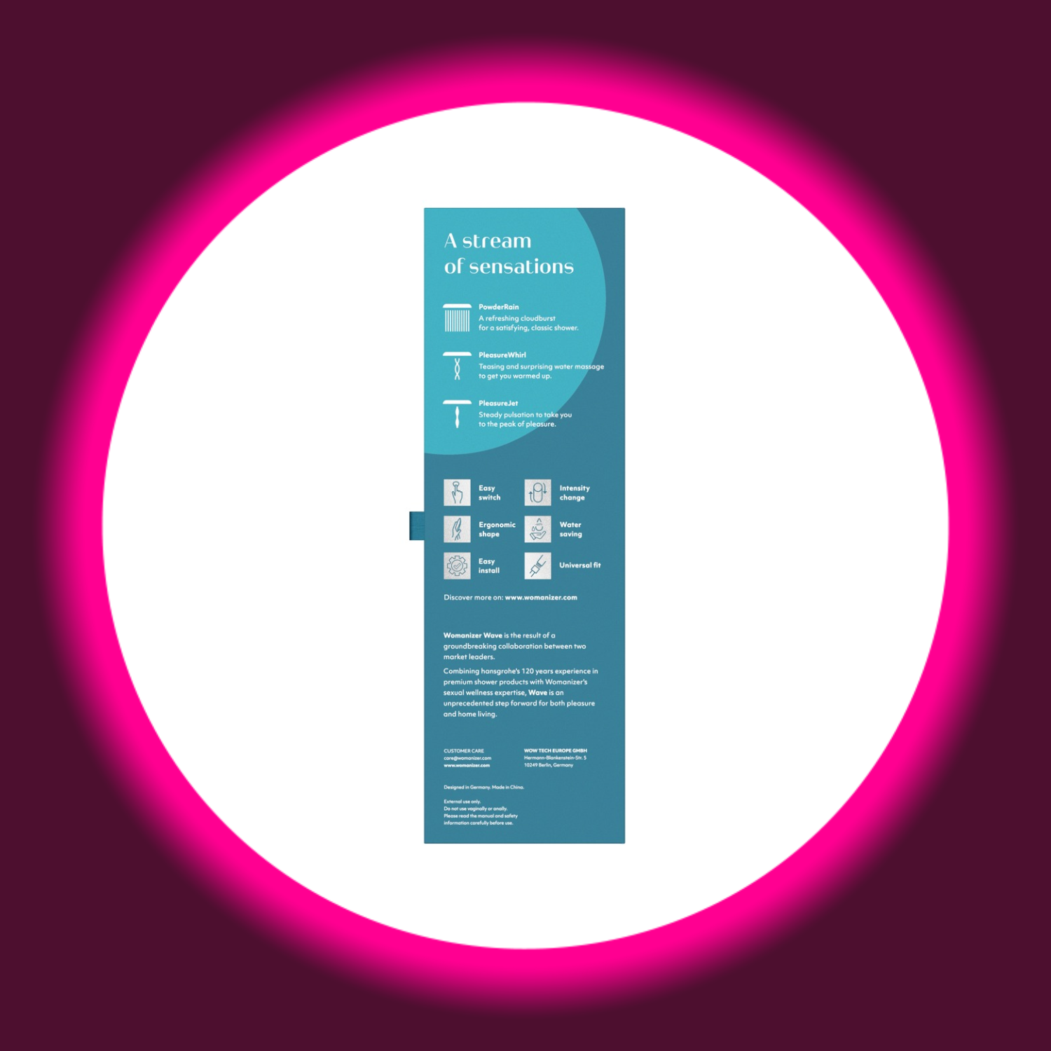 Rückseite der blauen Produktverpackung des Duschkopfs Womanizer Wave