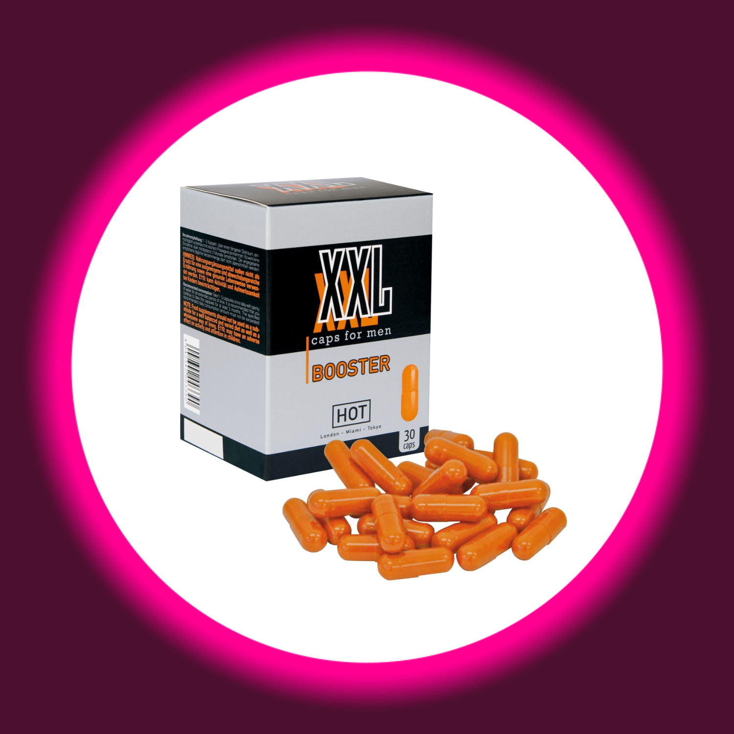 Verkaufsverpackung Hot XXL Caps, daneben ein Haufen orangener Kapseln