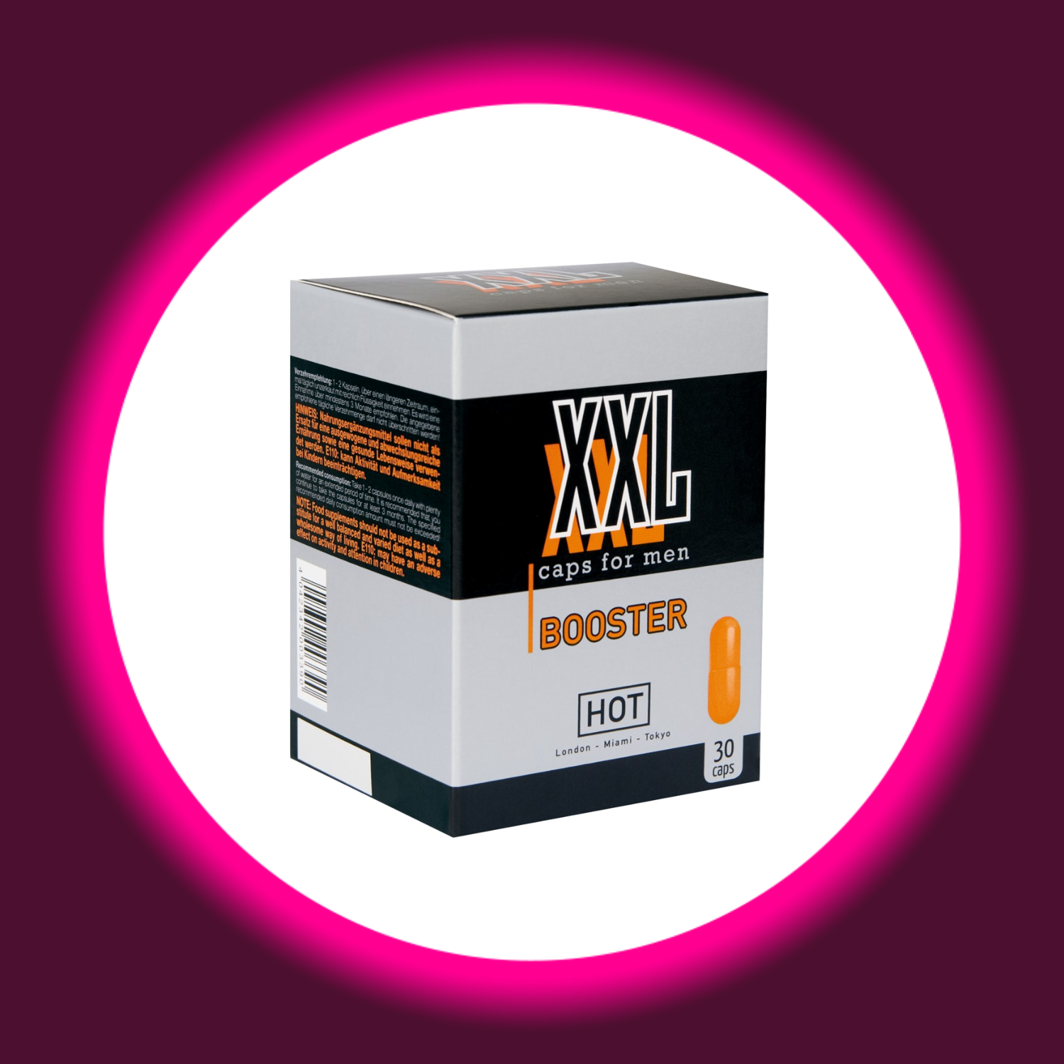 schwarz-weiße Verpackung der Hot XXL Booster Caps für Männer