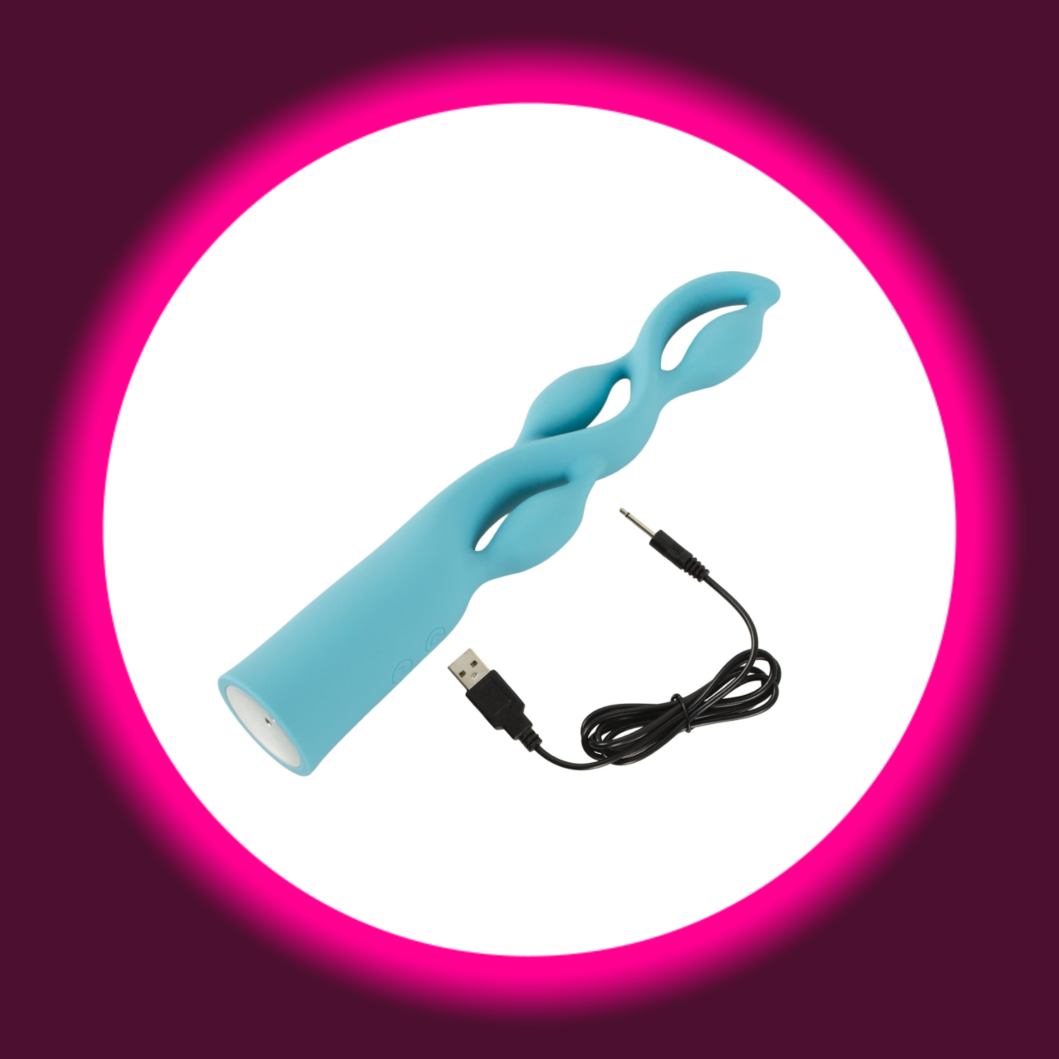 türkiser Designer-Vibrator Fabulous mit drei geschwungenen Windungen von You2Toys, daneben ein USB-Ladekabel