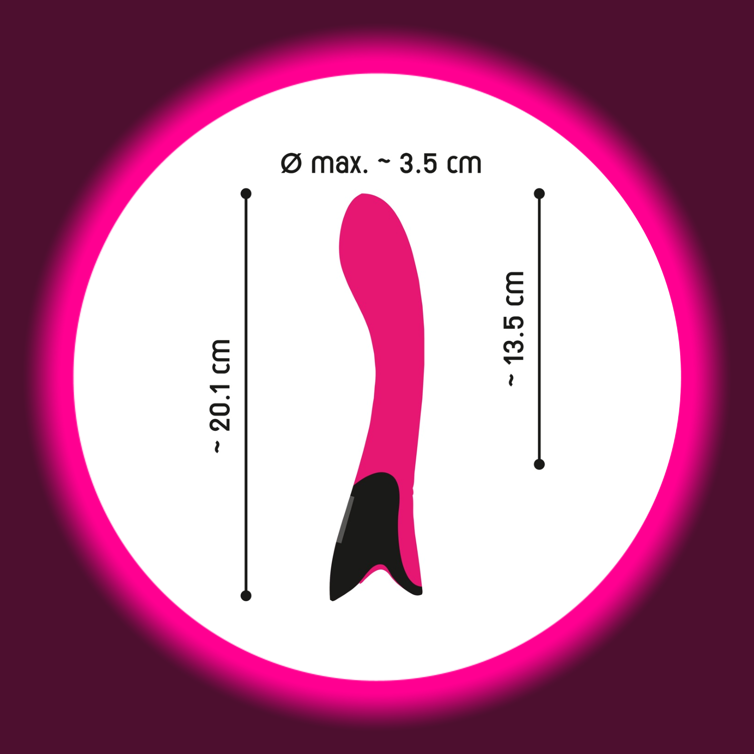 Abmaße des pinkn G-Punkt Vibrators mit schwarzem Bedienfeld von You2Toys