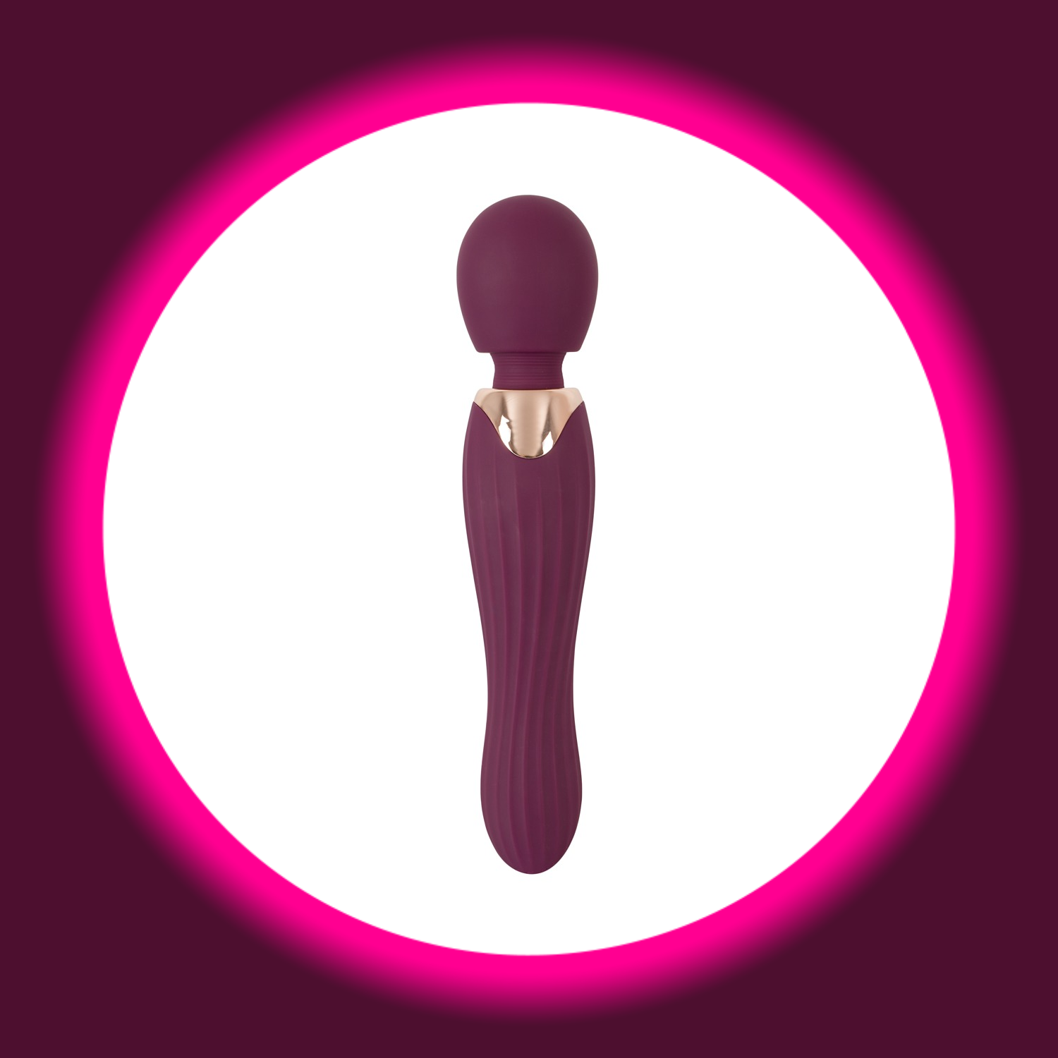 Rückansicht auf den Wandvibrator Grande Wand in der Farbe violett mit goldenen Details und Rillen, You2Toys