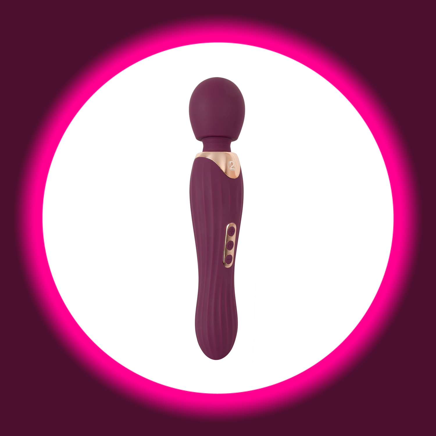 seitliche Ansicht auf den Wandvibrator Grande Wand in der Farbe violett mit goldenen Details und Rillen, You2Toys