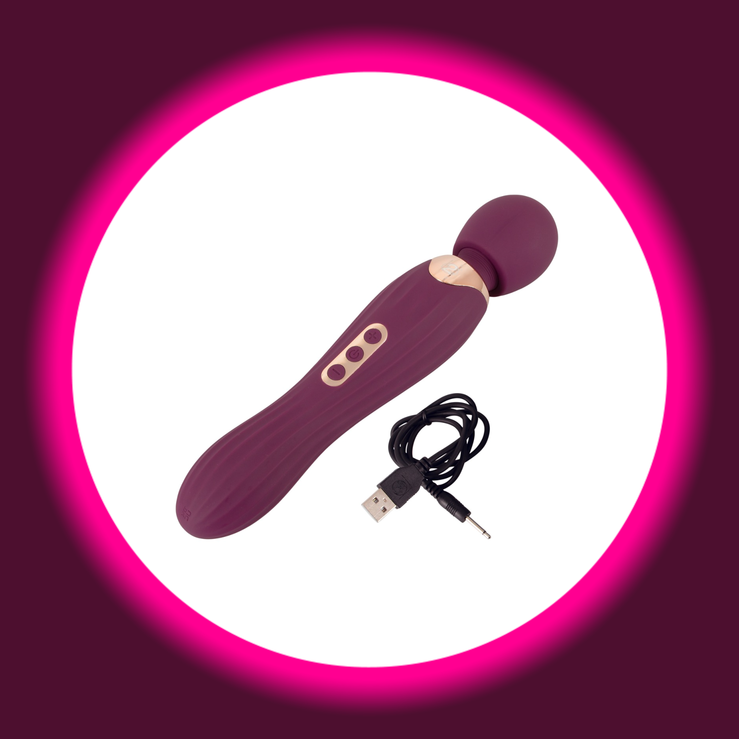 liegender Wandvibrator Grande Wand in der Farbe violett mit daneben liegendem USB-Ladekabel, You2Toys