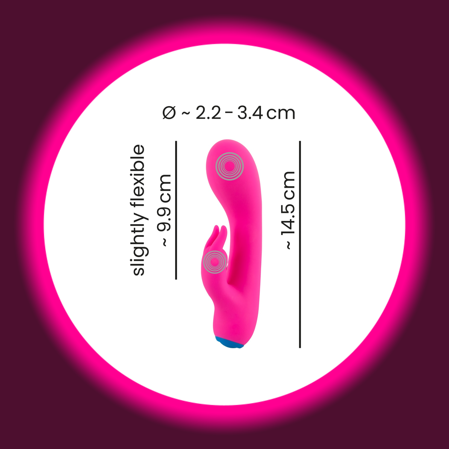 Abmaße pinker Rabbitvibrator mit blauem Detail von You2Toys