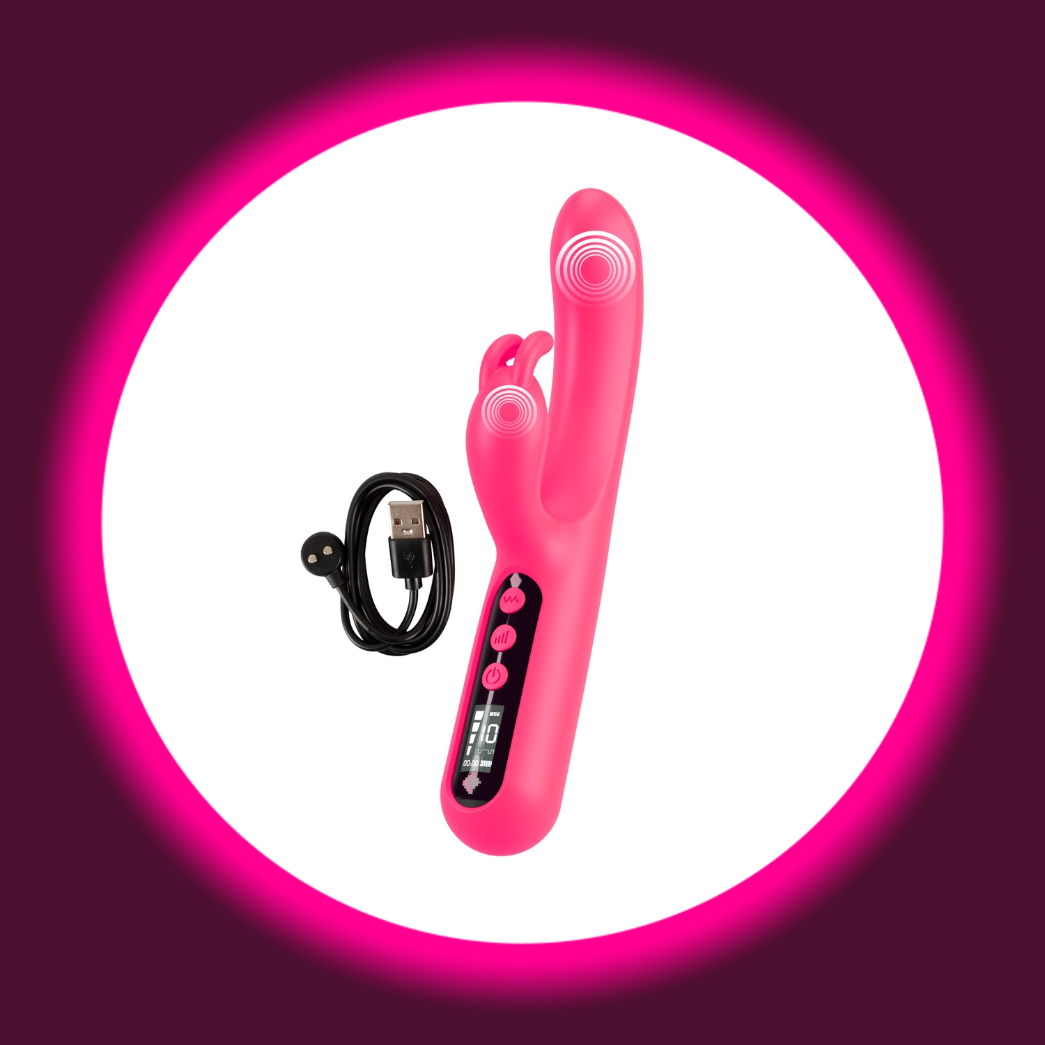 pinker Rabbitvibrator mit Digitalanzeige von You2Toys, daneben ein USB-Ladekabel