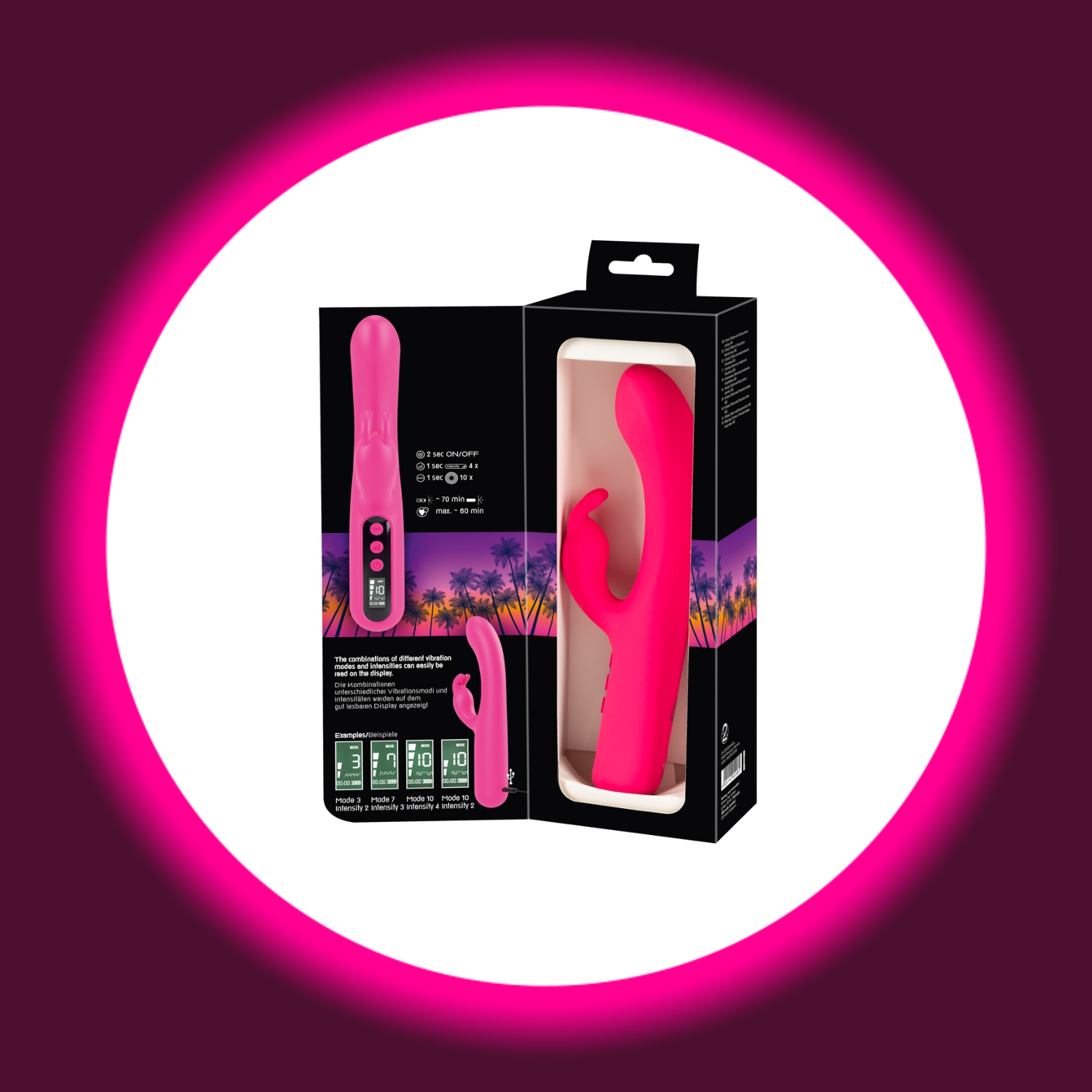 geöffnete schwarze Produktverpackung des pinken Rabbitvibrators mit Digitalanzeige von You2Toys