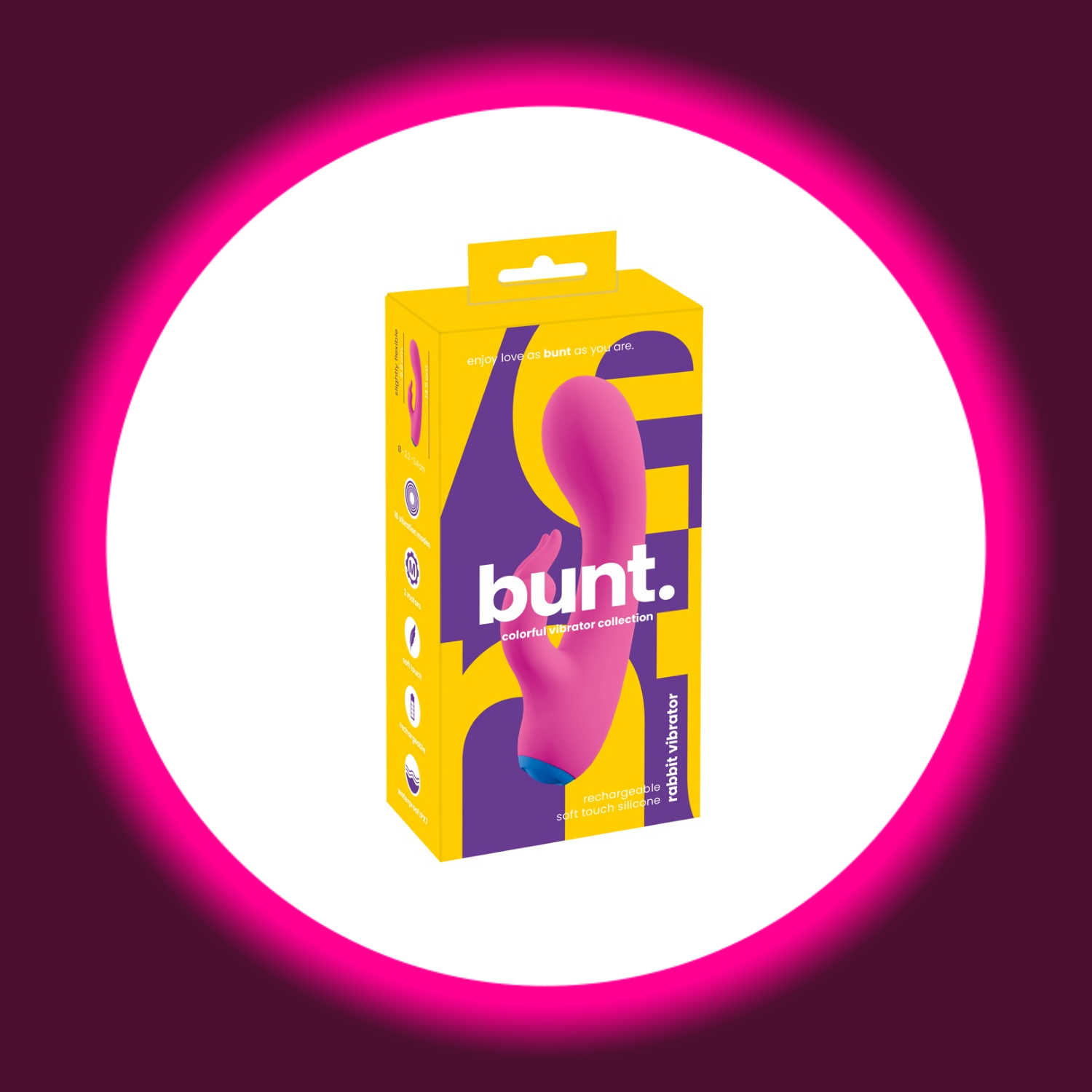 bunte Produktverpackung des pinken Rabbitvibrators mit blauem Detail von You2Toys
