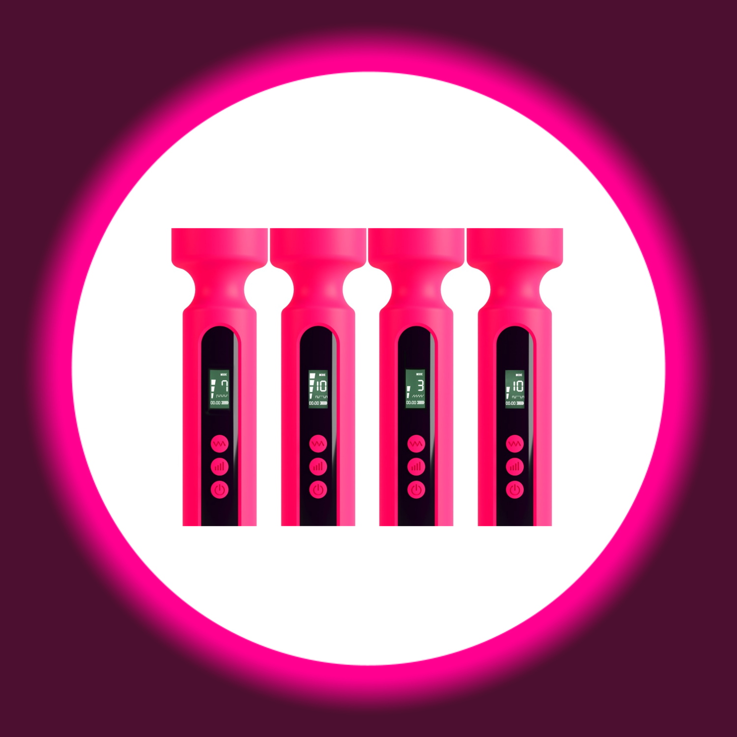 vier Digitalanzeigen eines pinken Wandvibrators von You2Toys mit schwarzem Bedienfeld