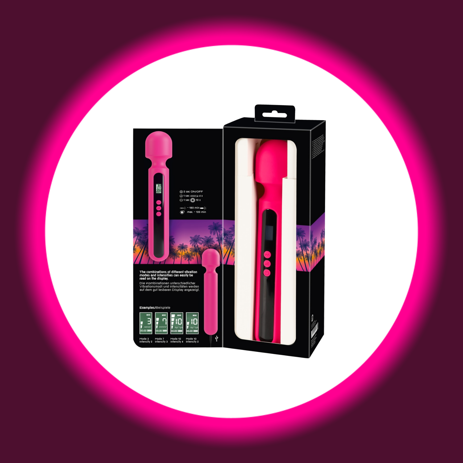 aufgeklappte schwarze Verpackung des pinken Wandvibrators von You2Toys mit schwarzem Bedienfeld und Digitalanzeige