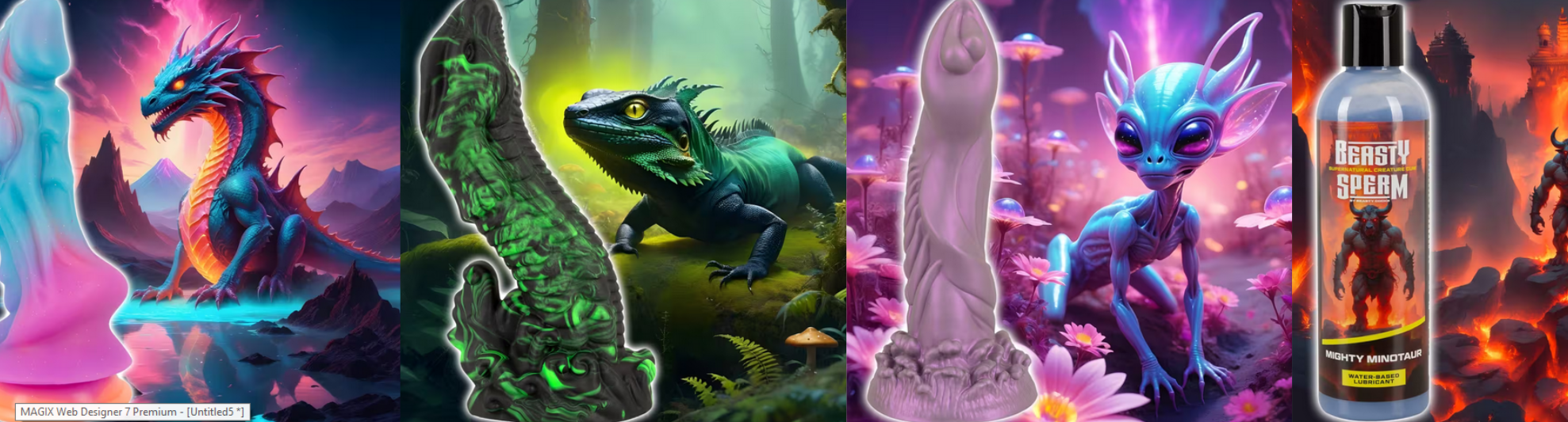 buntes Bild mit Drachen und Aliens und abstrakten Dildos von BEASTY COCKS