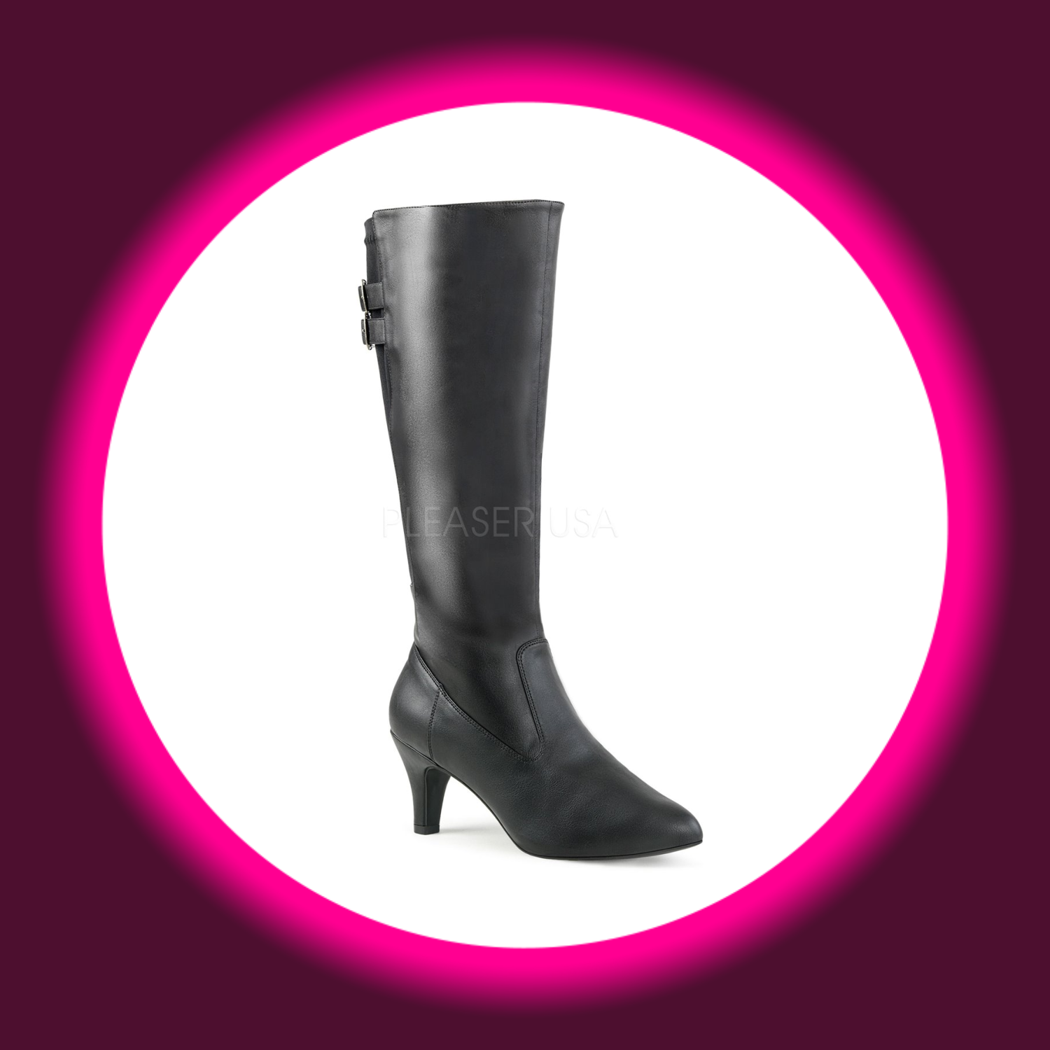 Winkelansicht schwarze Stiefel mit kleinem Absatz, Pleaser Pink Label Divine 2018