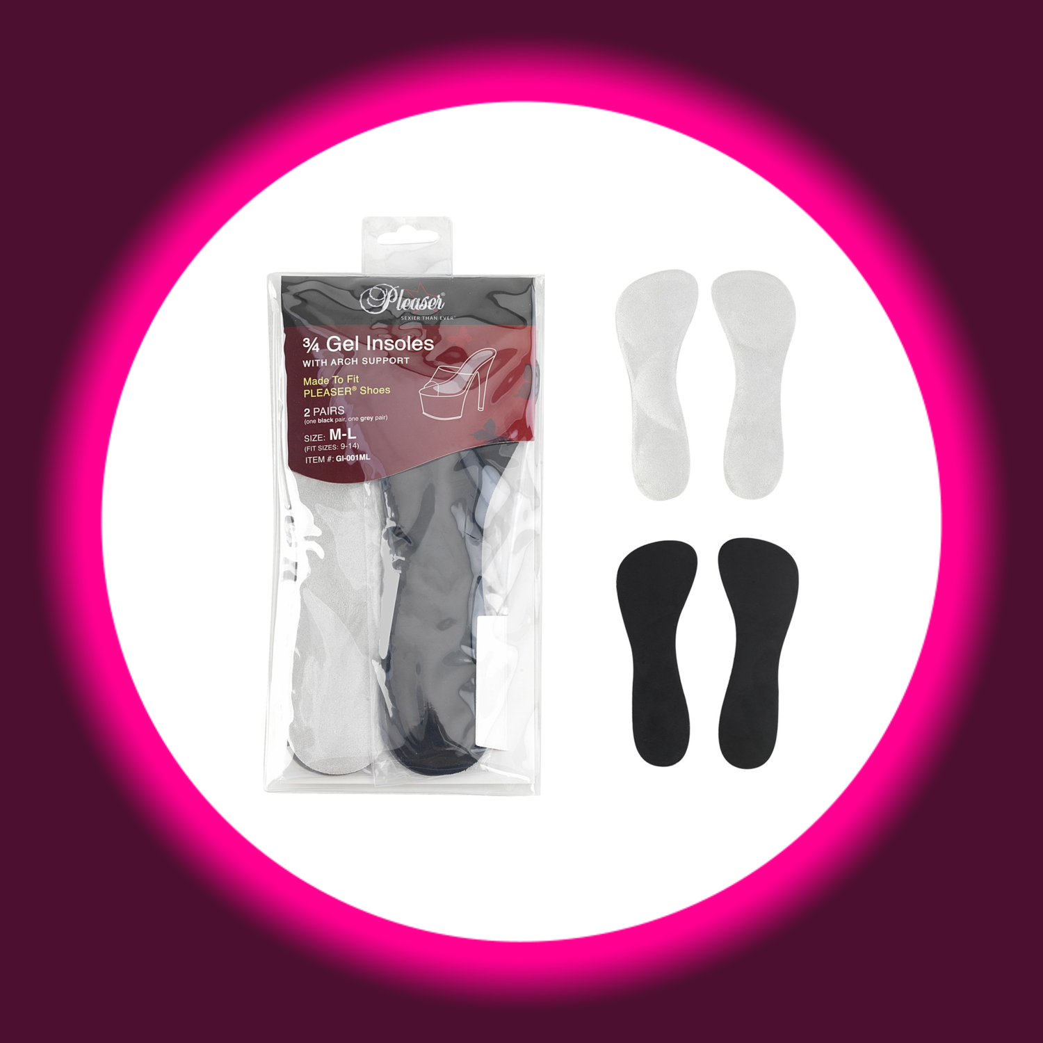 Klarsichtverpackung von Einlegesohle, daneben zwei Paar Einlegesohlen in weiß und schwarz, Pleaser 