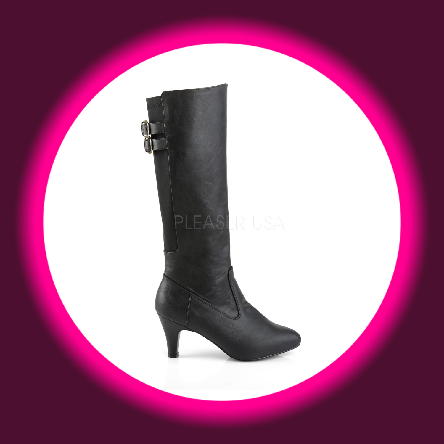 seitliche Ansicht schwarze Stiefel mit kleinem Absatz, Pleaser Pink Label Divine 2018