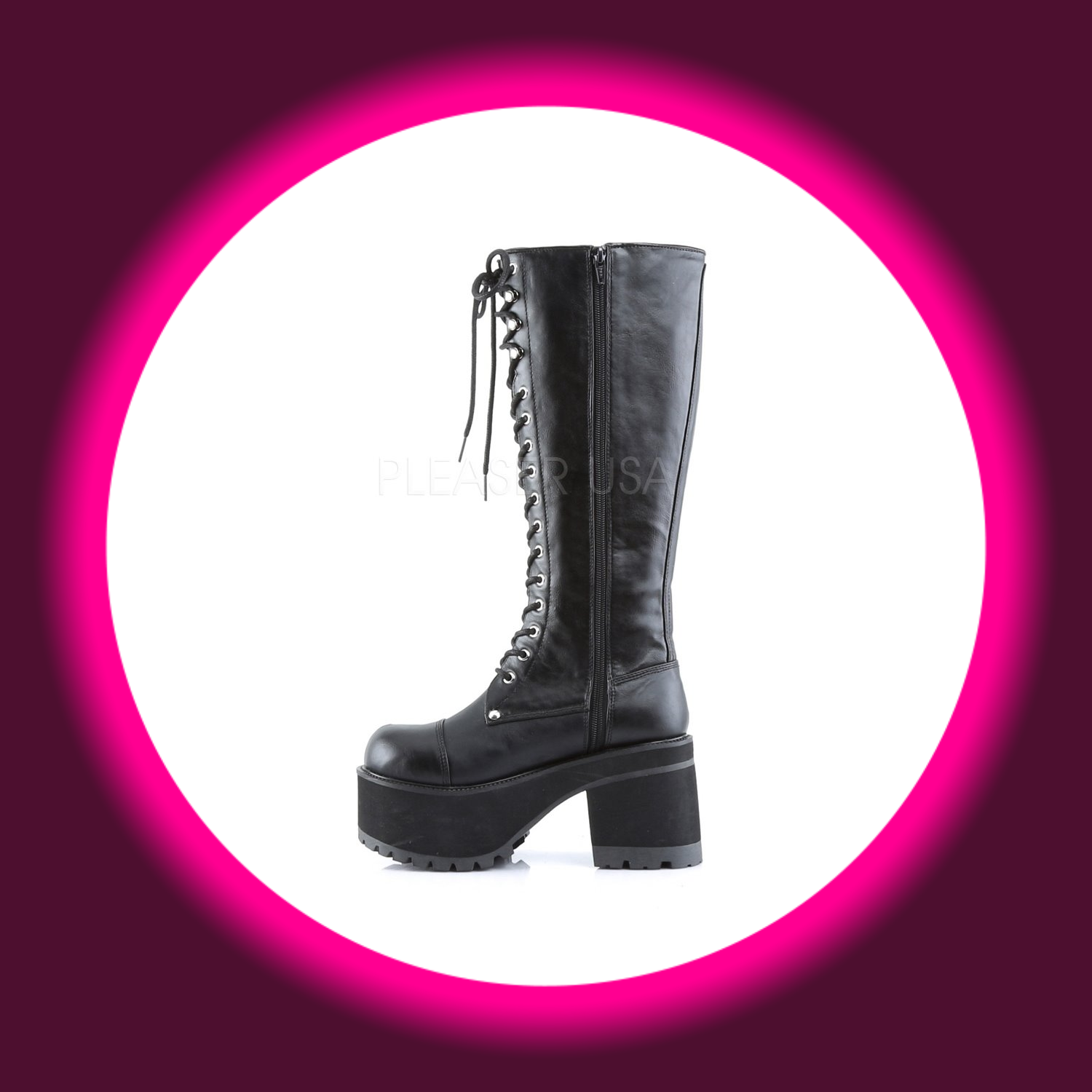 seitliche Ansicht schwarze Stiefel mit Plateau und Frontschnürung, Demoniacult Ranger 302