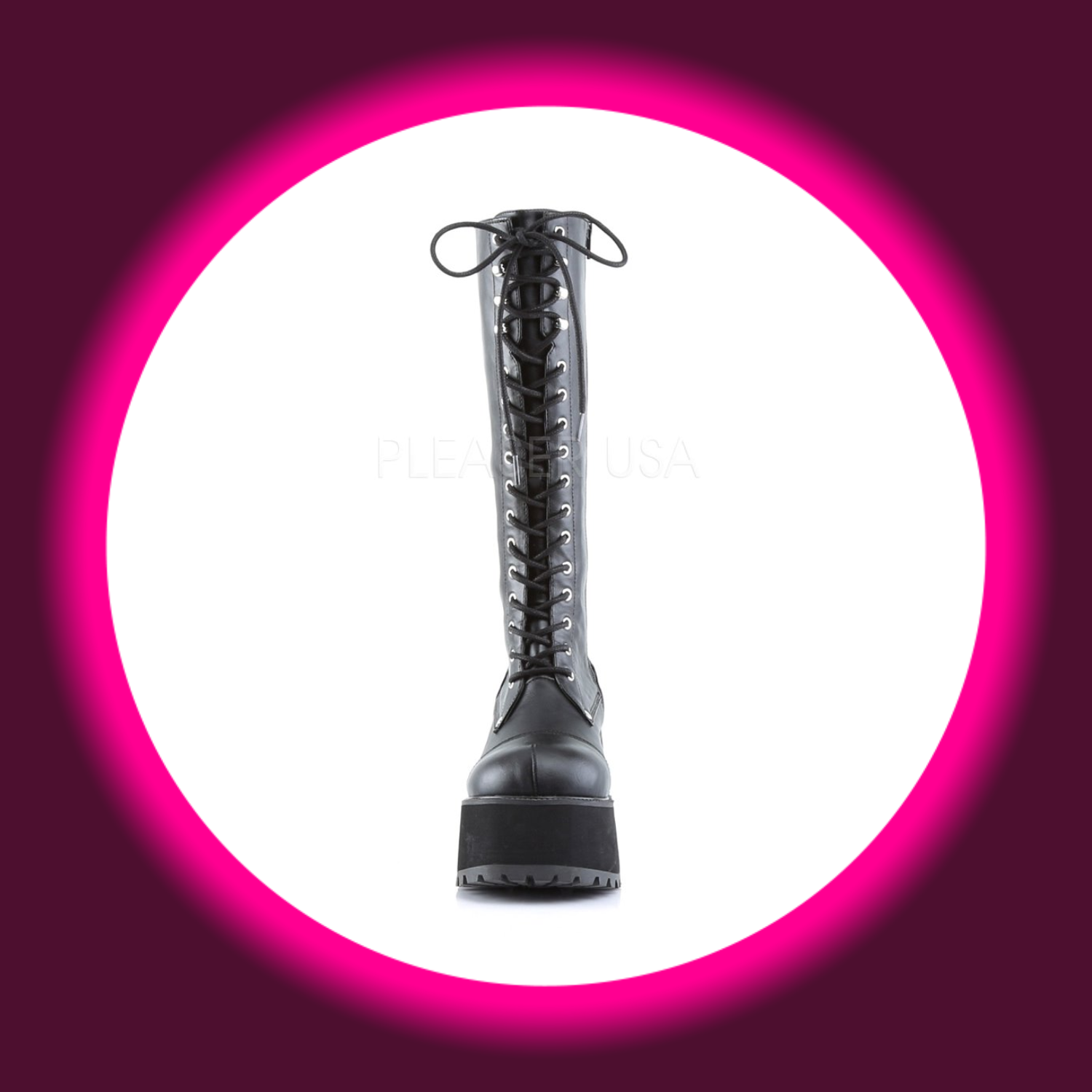Frontansicht schwarze Stiefel mit Plateau und Frontschnürung, Demoniacult Ranger 302