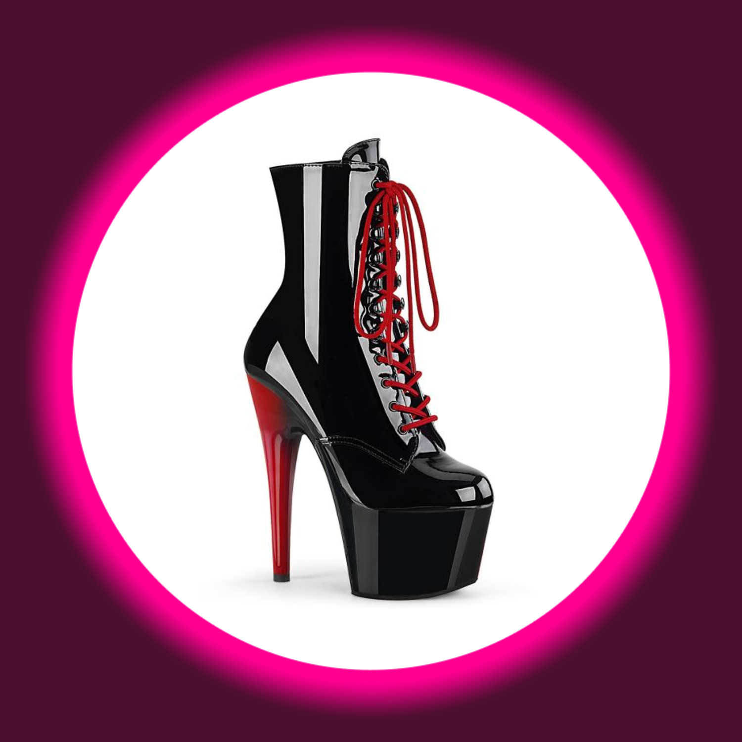 Winkelansicht schwarz-rote Plateau-Stiefel mit hohem Absatz und Frontschnürung, Pleaser Adore 1020