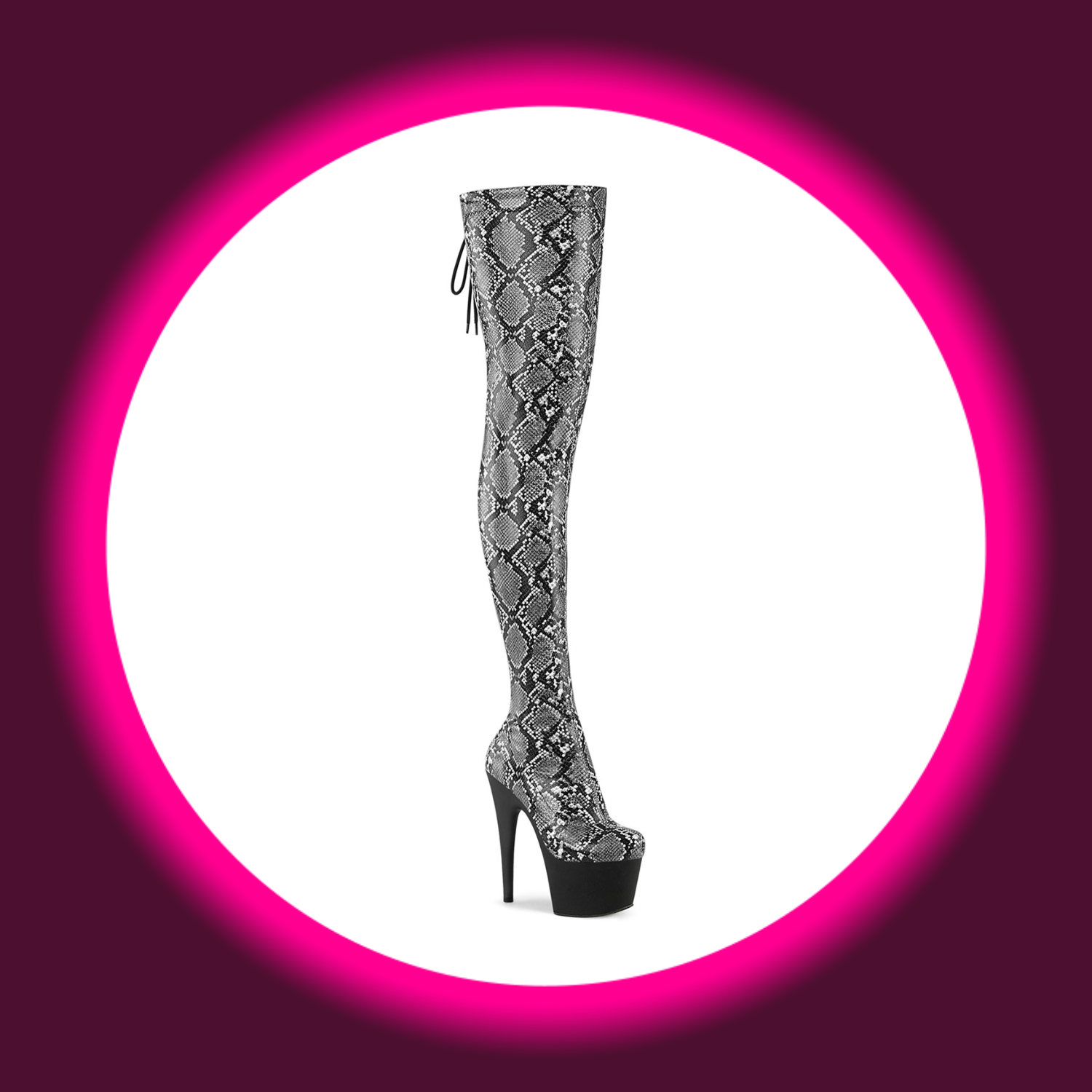 Winkelansicht Plateau-Stiefel mit hohem Absatz und grauem Schlangenmuster, Pleaser Adore 3008