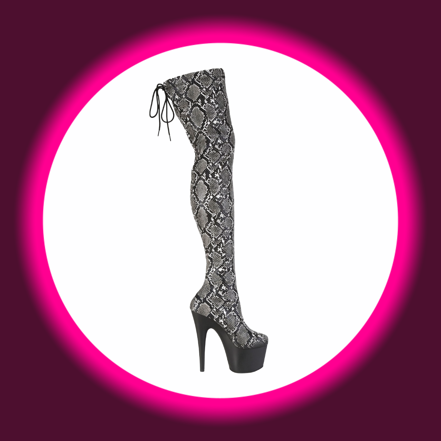 seitliche Ansicht Plateau-Stiefel mit hohem Absatz und grauem Schlangenmuster, Pleaser Adore 3008