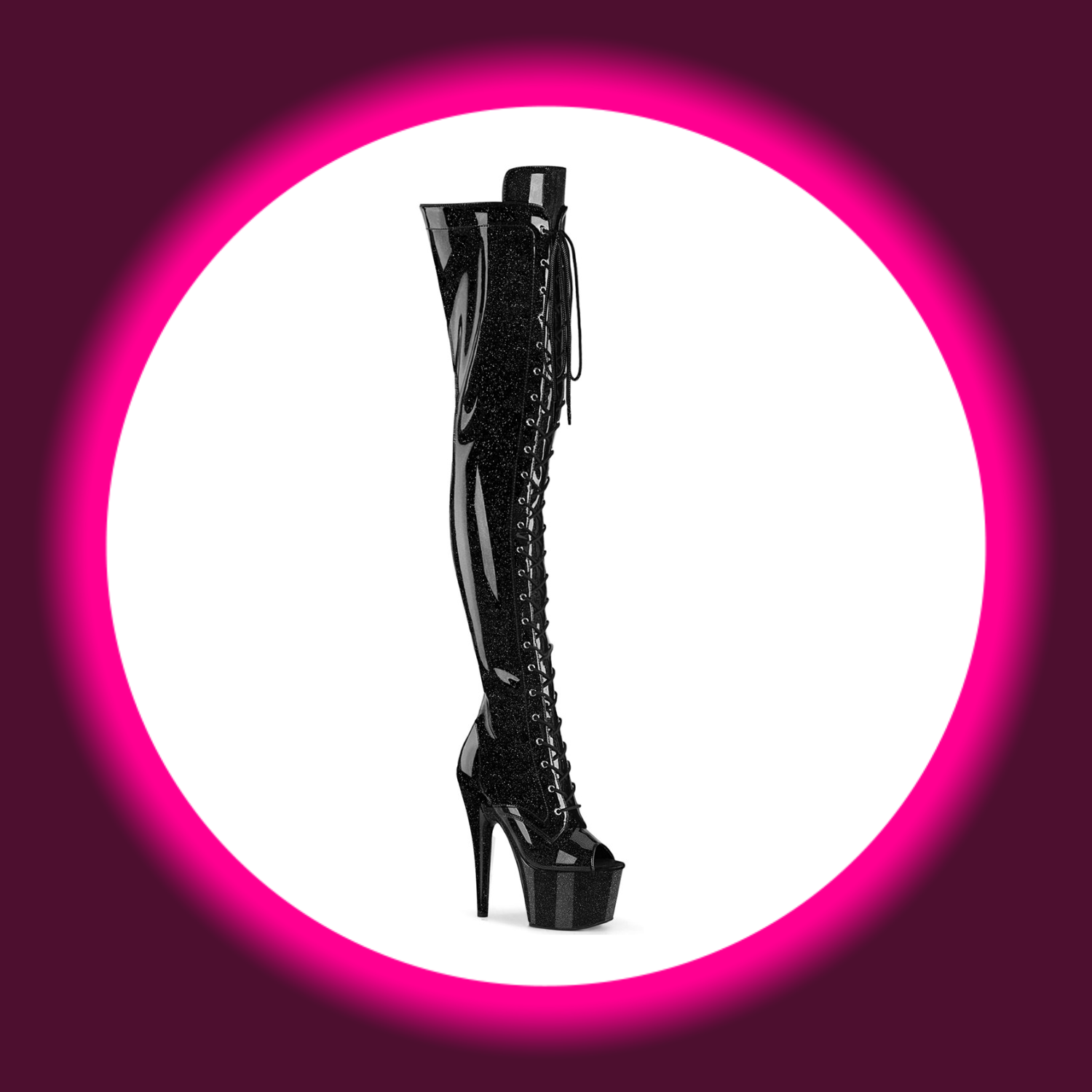 Winkelansicht schwarze Peeptoe Overknee Stiefel mit hohem Absatz, Plateau und Frontschürung, Pleaser Adore 3021