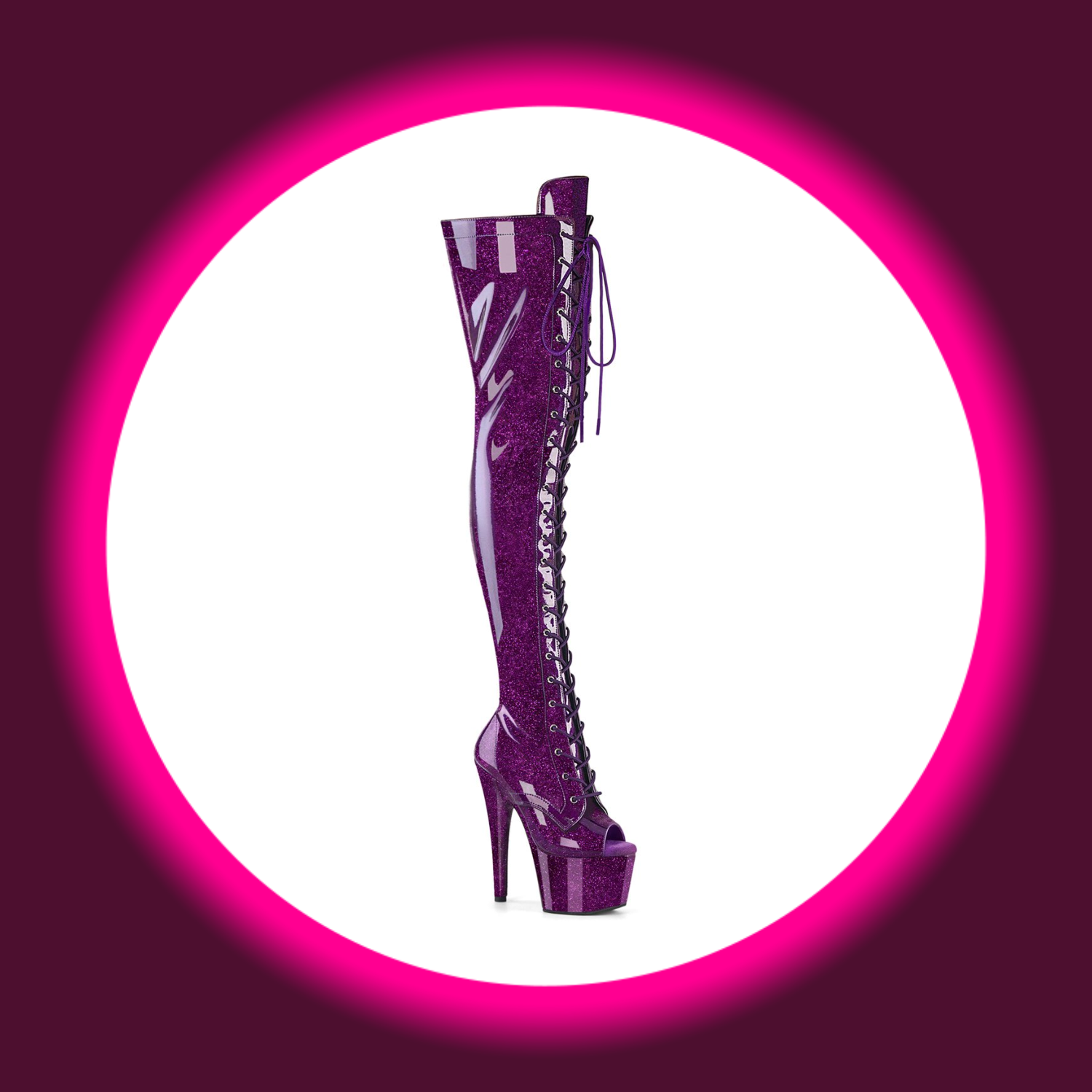 Winkelansicht violette Peeptoe Overknee Stiefel mit hohem Absatz, Plateau und Frontschürung, Pleaser Adore 3021