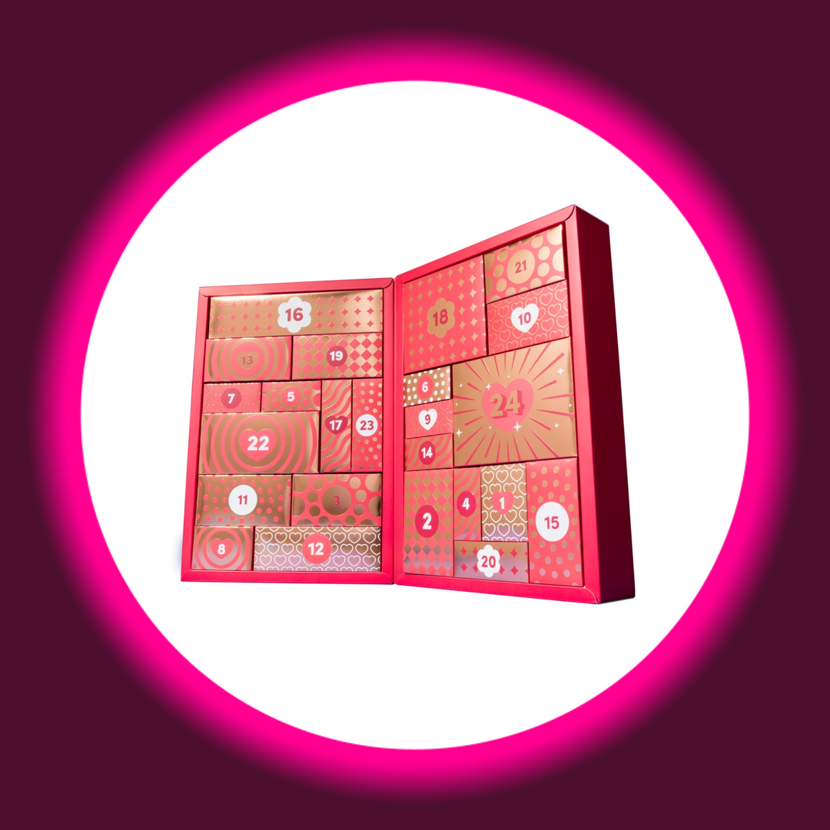 Magic Shiver Couples Erotik-Adventskalender 2026, aufgeklappte Produktansicht mit 24 nummerierten Geschenkboxen in Rot und Gold mit Herz- und geometrischen Mustern