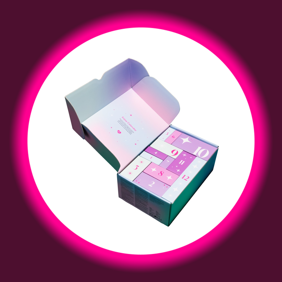 Magic Shiver Enjoy Erotik-Adventskalender 2026, schräge Ansicht der geöffneten Verpackung mit nummerierten Geschenkboxen in Rosa, Flieder und Hellblau