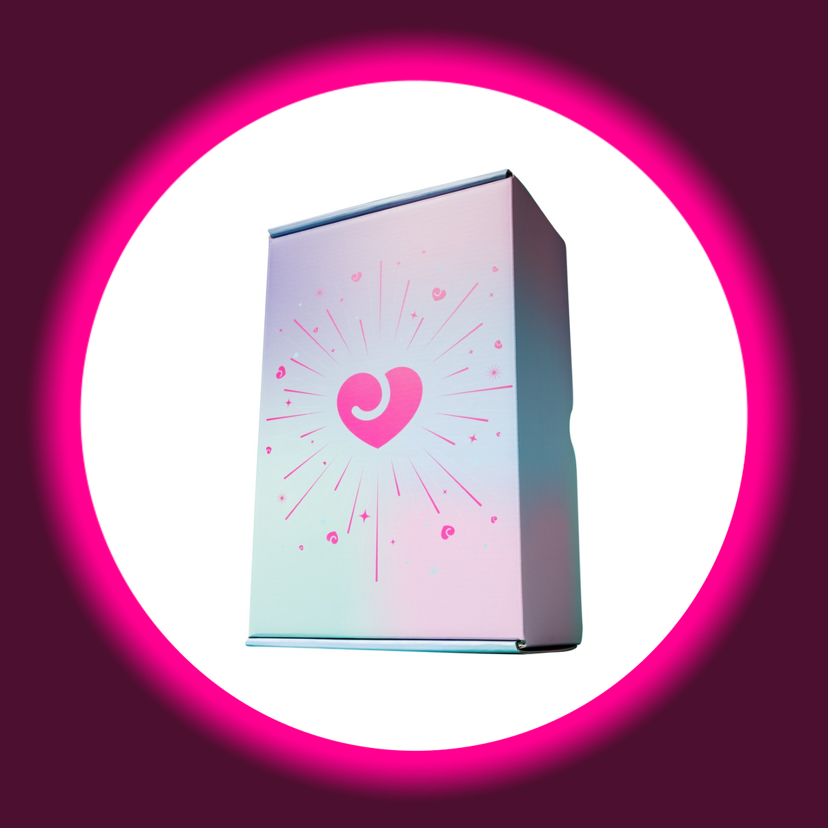 Magic Shiver Enjoy Erotik-Adventskalender 2026, geschlossene pastellfarbene Verpackung mit pinkem Herzmotiv und dekorativen Strahlen, schräge Ansicht