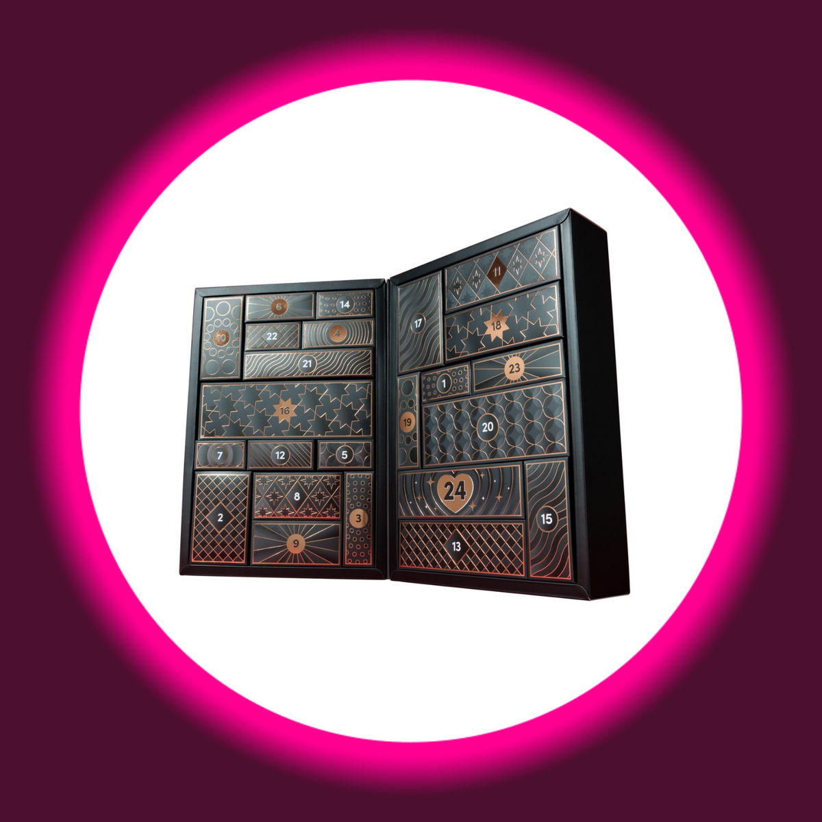 Magic Shiver Luxury Erotik-Adventskalender 2026, aufgeklappte Produktansicht mit 24 unterschiedlich großen, nummerierten Geschenkboxen und goldfarbenen Mustern