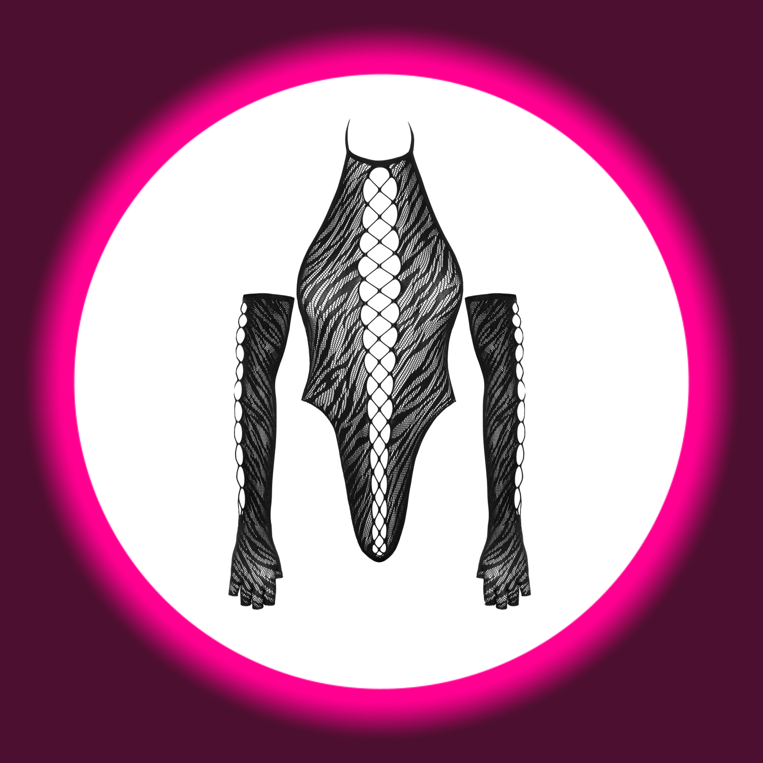 Frontansicht schwarzer Netzbody mit Handschuhen von Fantasy by Cotelli