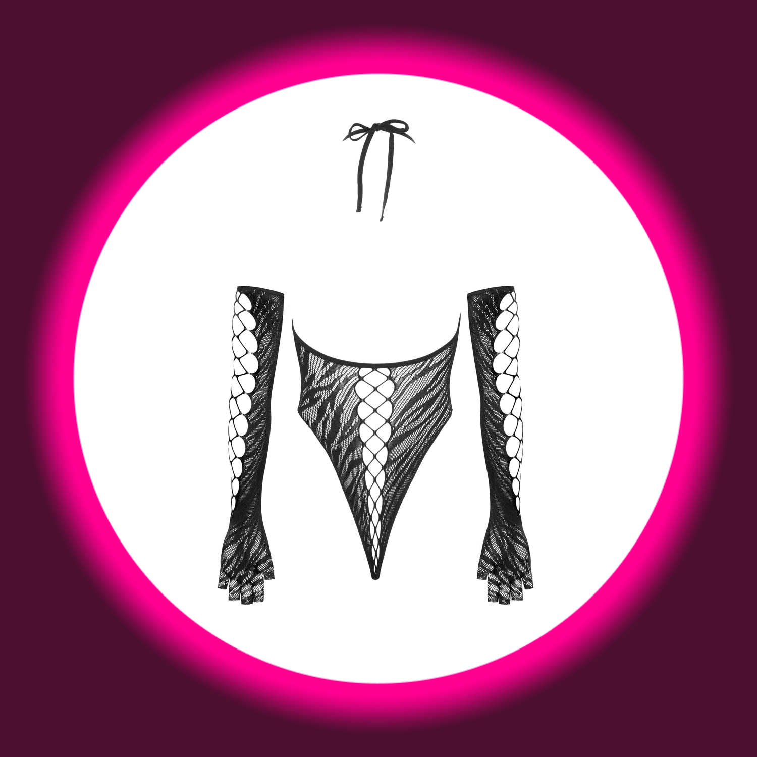 Rückansicht schwarzer Netzbody mit Handschuhen von Fantasy by Cotelli