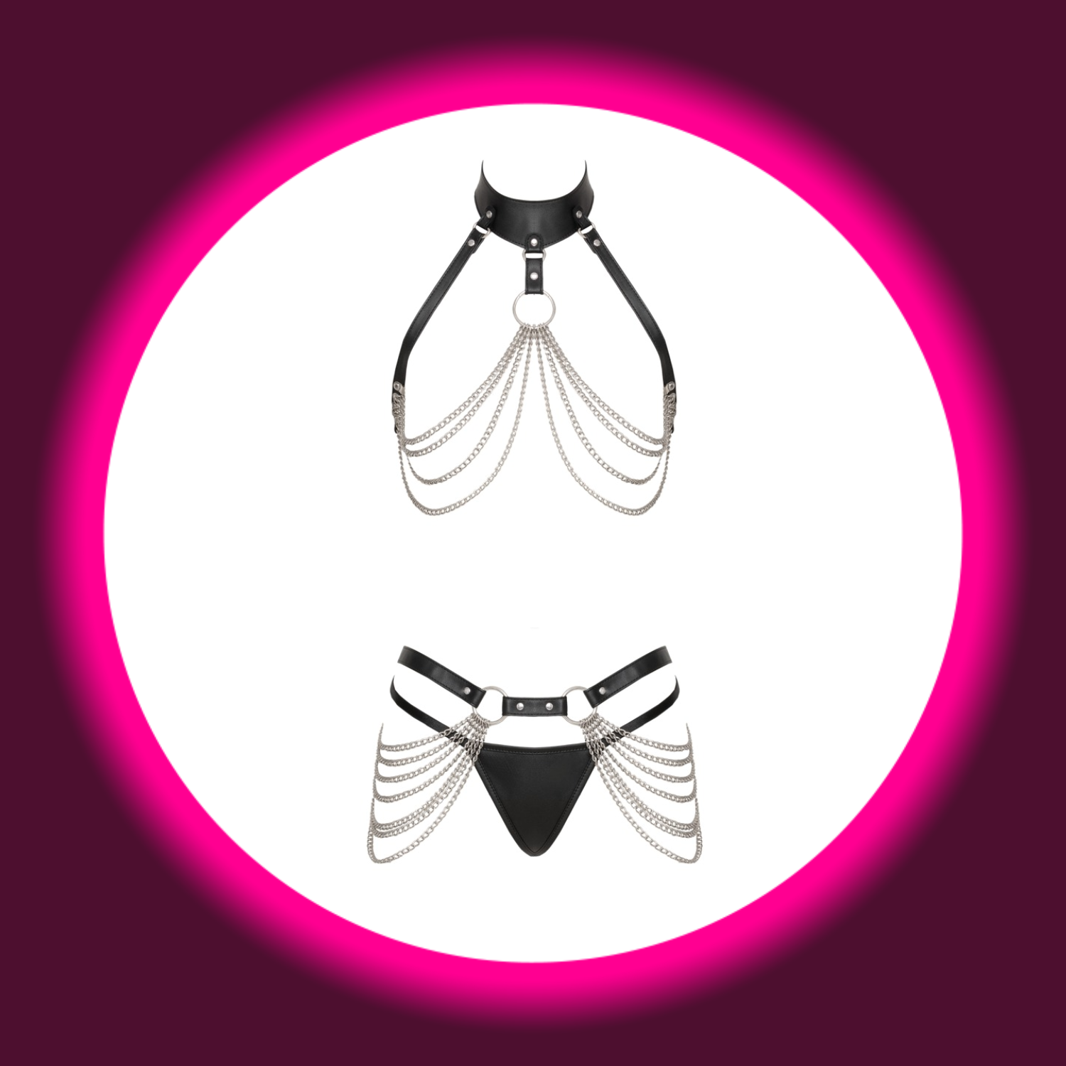Frontansicht schwarzes Harness Set von Bad Kitty mit Ketten an Brust und Hüfte