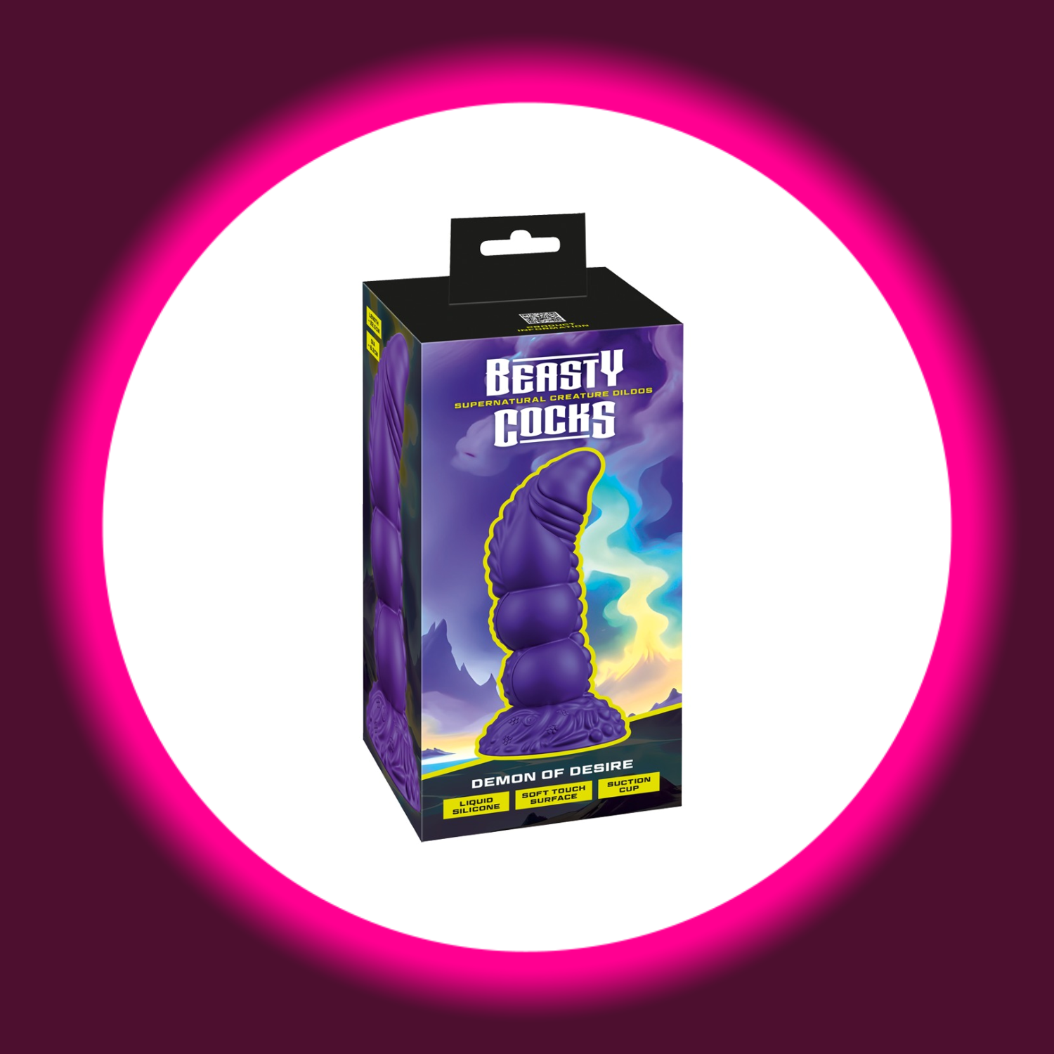 Verpackung des Demon of Desire Dildo in violett metallic Optik mit strukturierter Oberfläche, Saugfuss - Beasty Cocks Kollektion