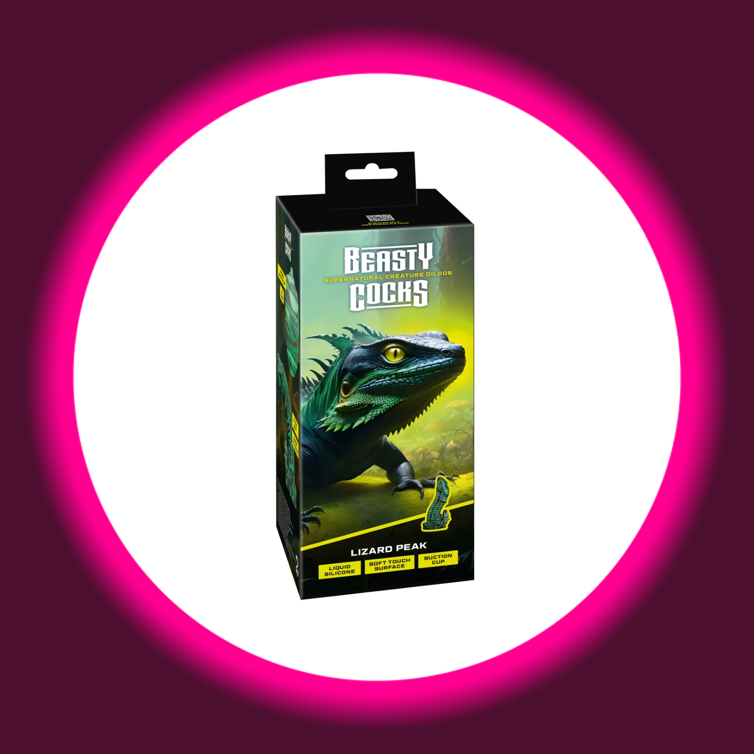 dunkle Verpackung des schwarz grünen Dildos Lizard Peak in Echsenoptik, Beasty Cocks