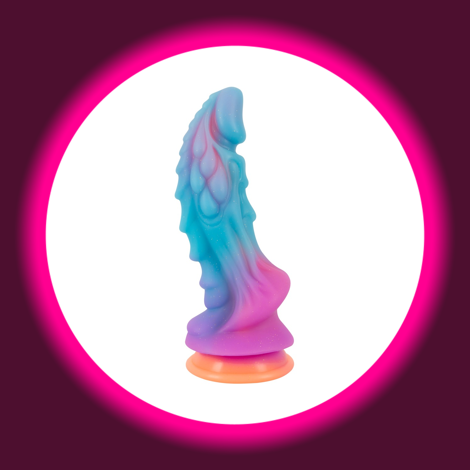 Glitzernder Dildo Mystic Dragon in Blau-Pink-Verlauf mit Saugfuss, leuchtet im Dunkeln - Beasty Cocks