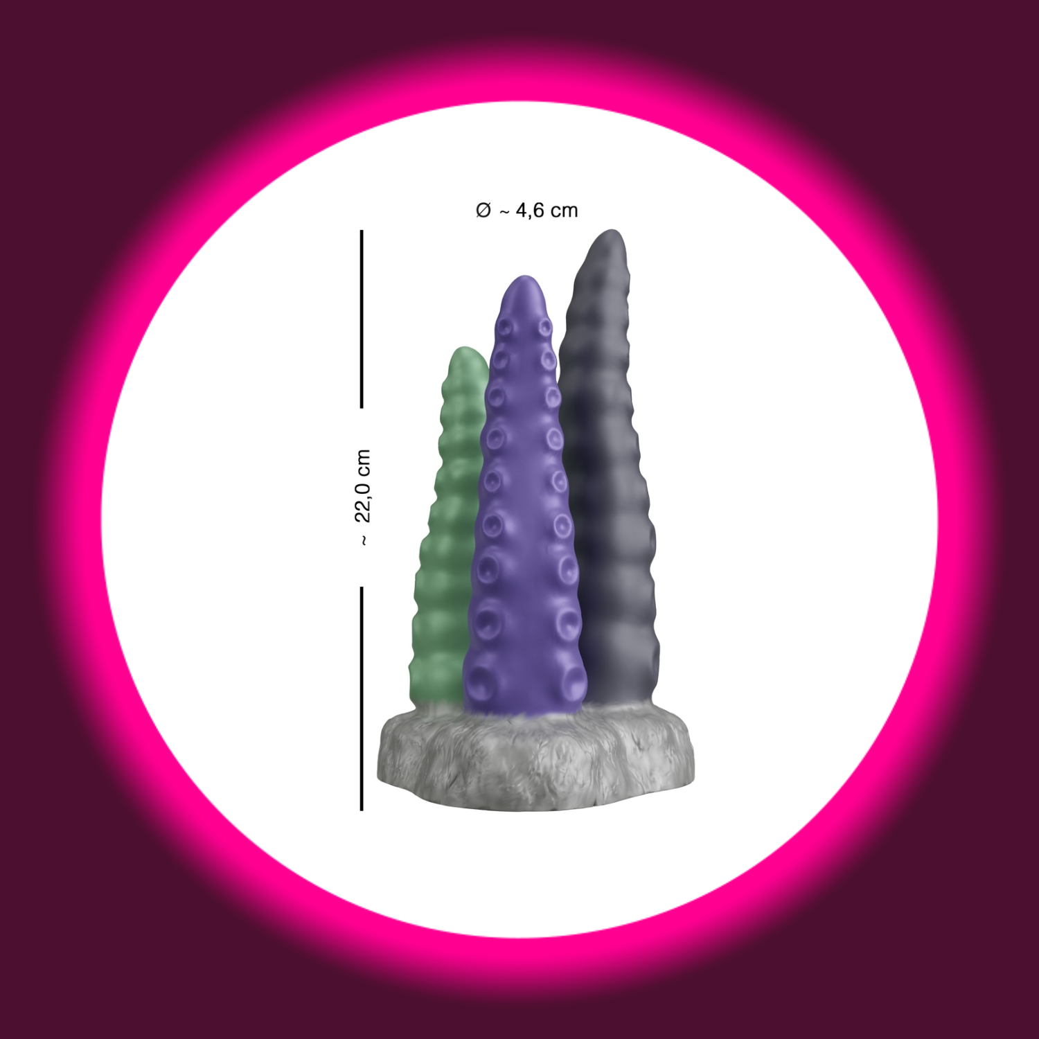Abmaße des silbernen Sockel mit drei Dildos in grün, violett und schwarz in Tentakel-Optik, Beasty Cocks Triple Tentacle