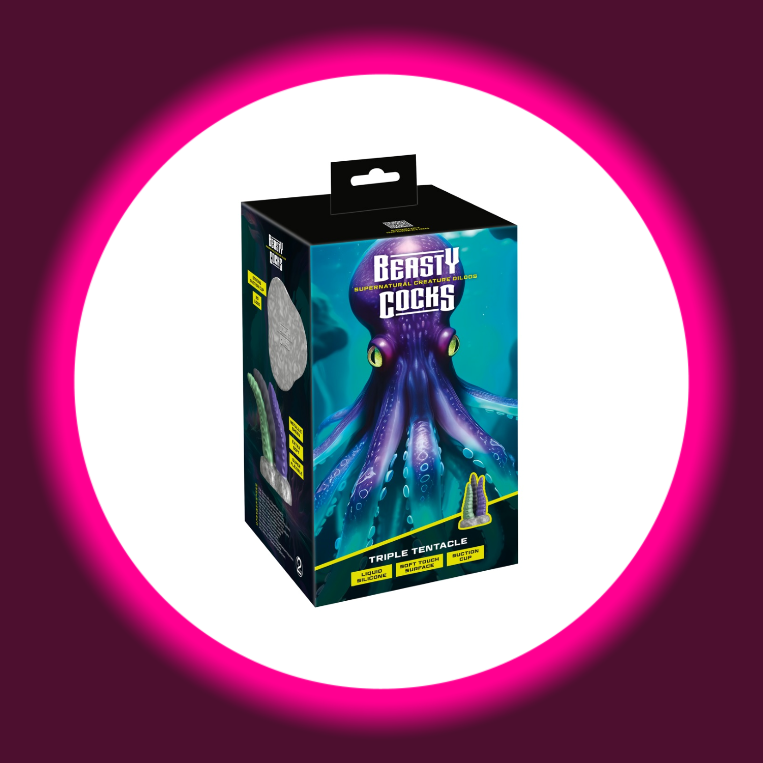 Verpackung des silbernen Sockel mit drei Dildos in grün, violett und schwarz in Tentakel-Optik, Beasty Cocks Triple Tentacle