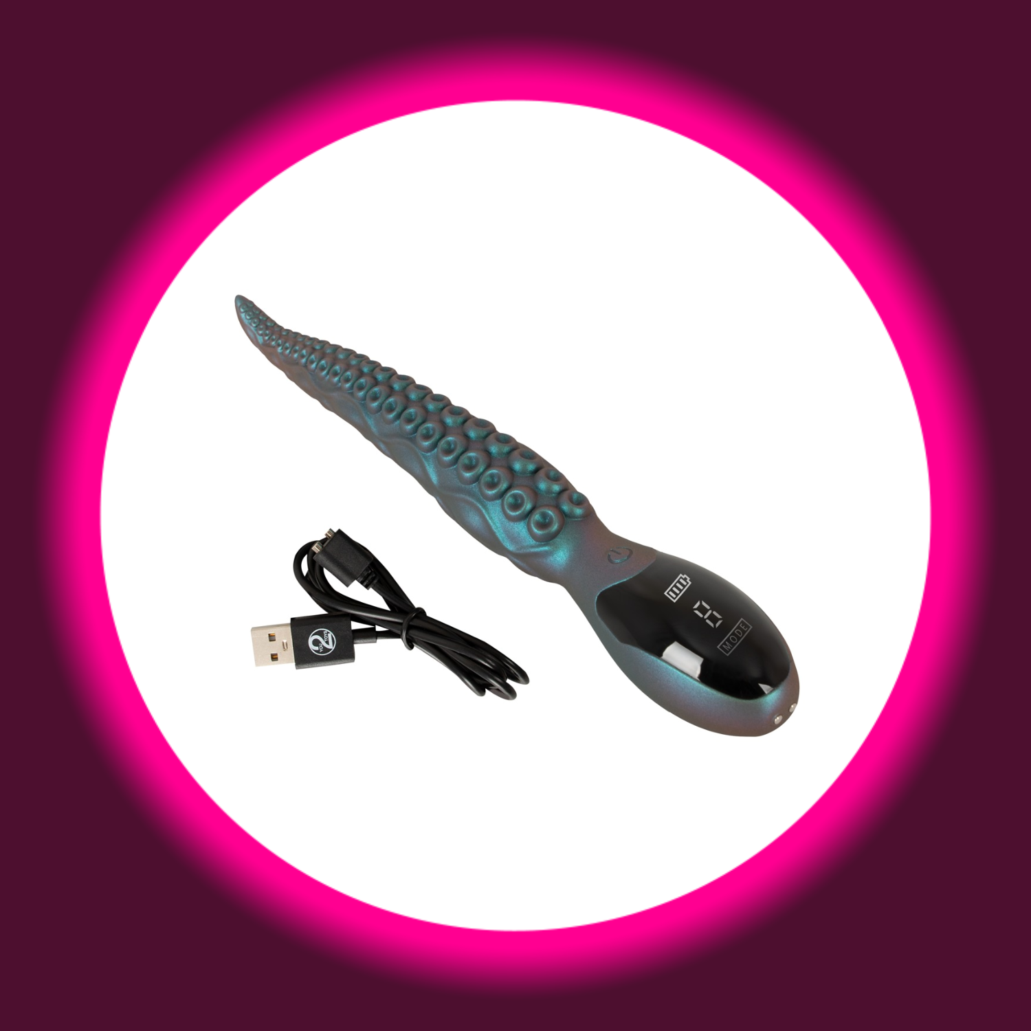 türkiser schimmernder Vibrator Octo Vibes in Tentakel-Optik mit daneben liegendem USB-Ladekabel, Beasty Cocks