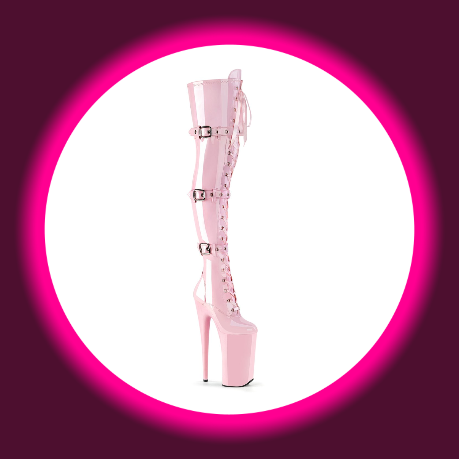 Winkelansicht rosa Overknees mit Frontschnürung, Zierriemen und sehr hohem Absatz, Pleaser Beyond 3028