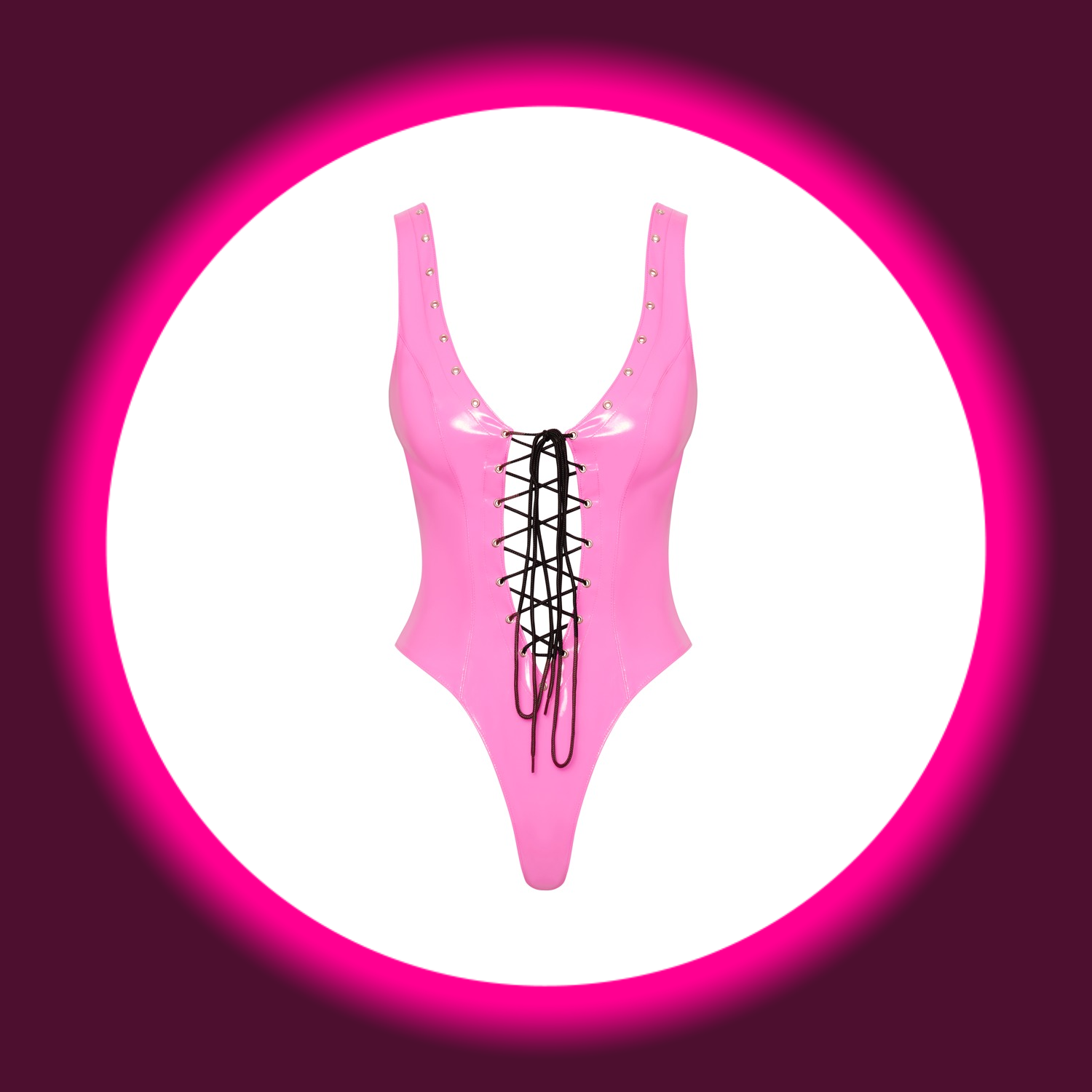 pinker knapp geschnittener Body aus Lack mit schwarzer Schnürung, Black Level