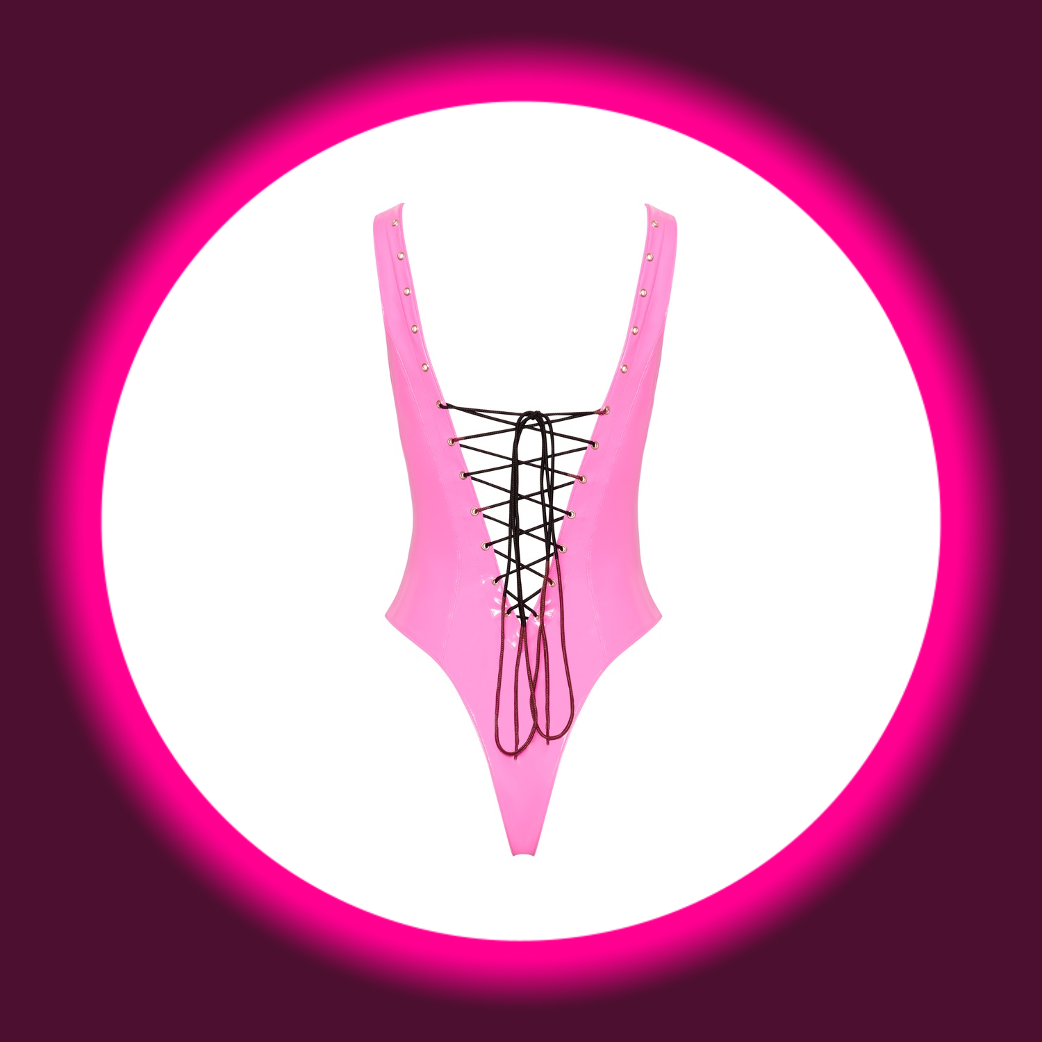 pinker knapp geschnittener Body aus Lack mit schwarzer Schnürung, Black Level