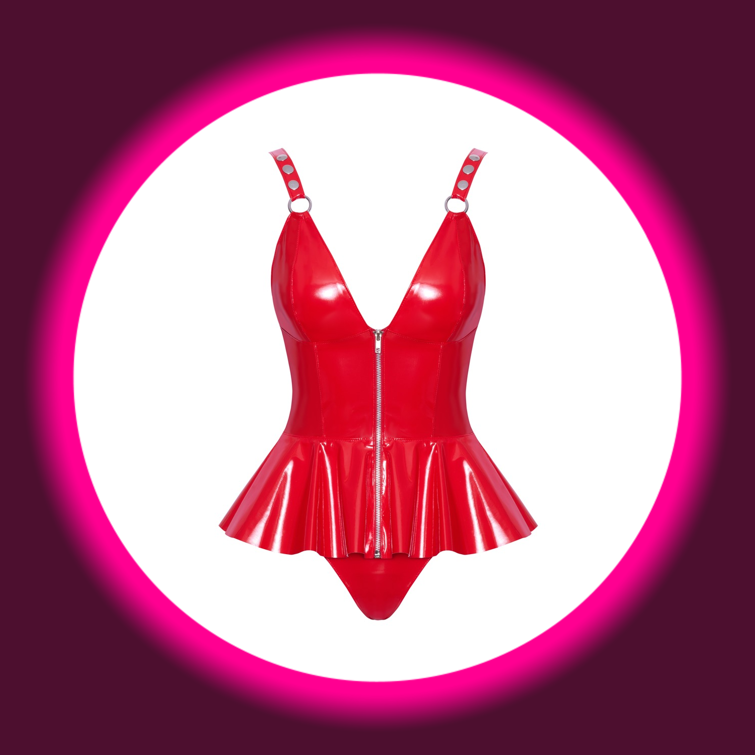 Frontansicht rotes glänzendes Schößchentop mit Reißverschluss und String, BLACK LEVEL