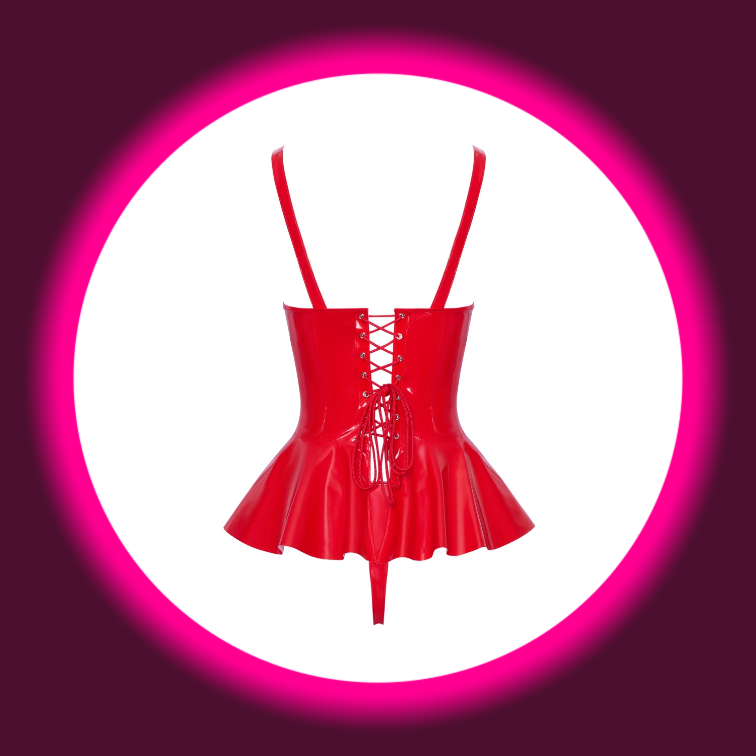 Rückansicht rotes glänzendes Schößchentop mit Rückenschnürung und String, BLACK LEVEL