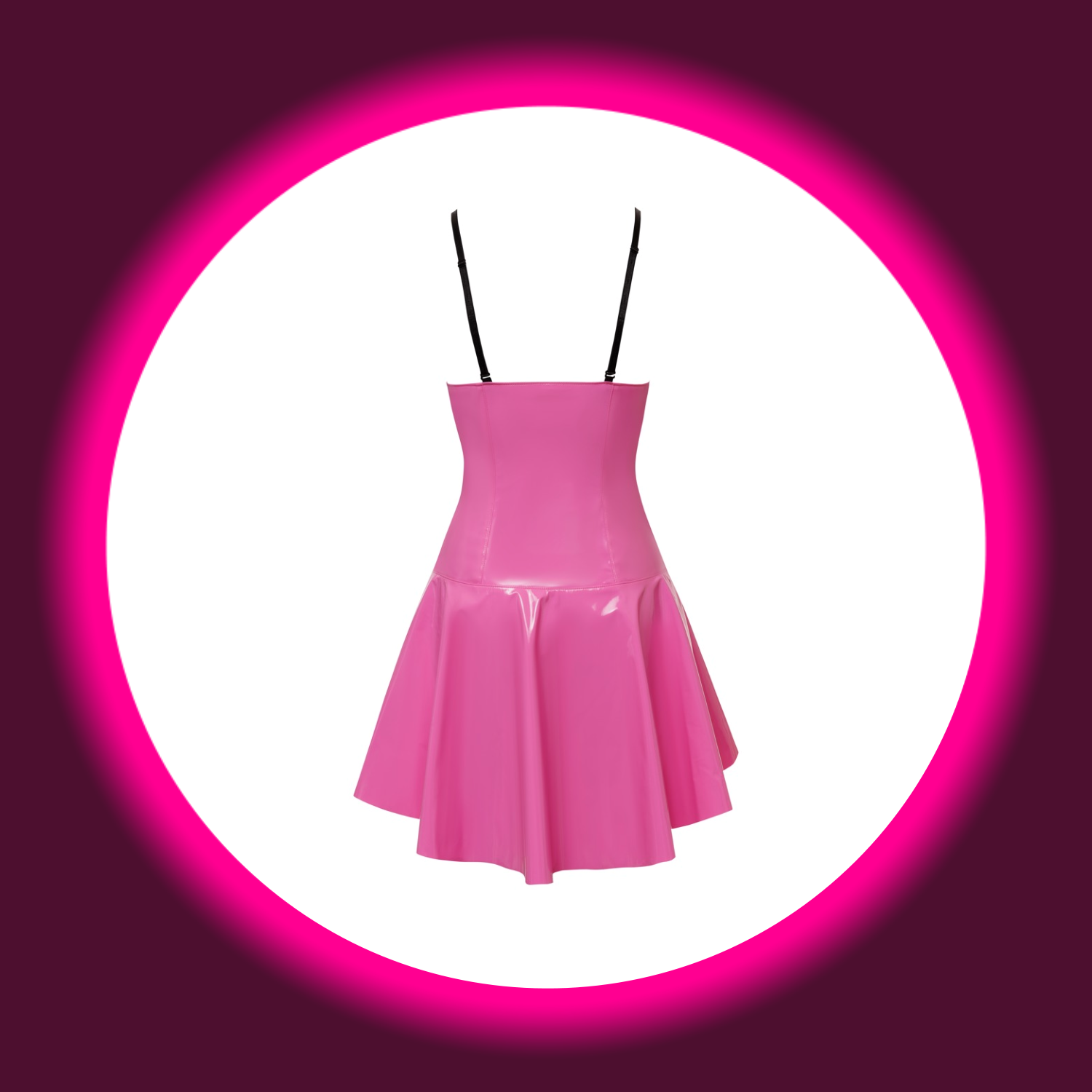 Rückansicht pinkes Lack-Minikleid mit schwarzen Trägern von Black Level